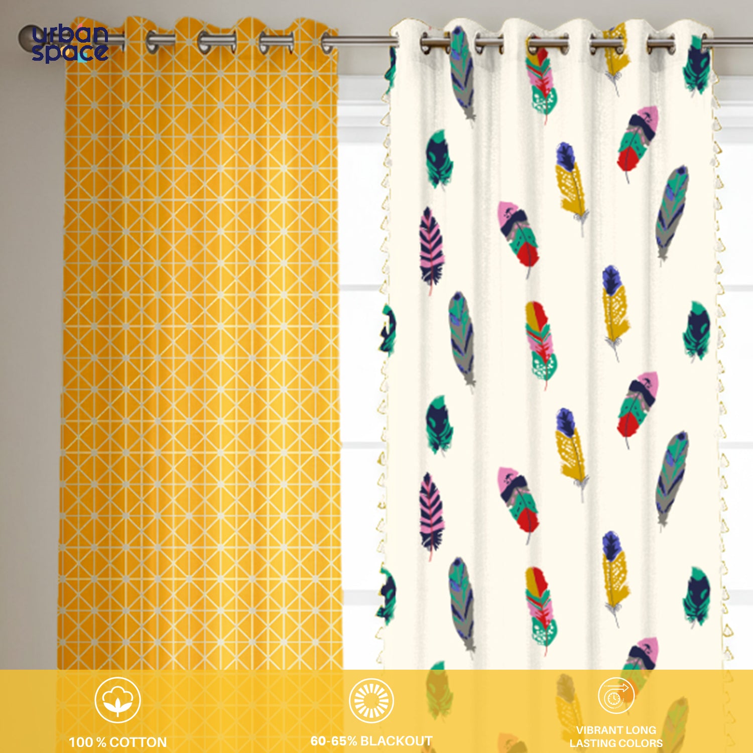 Cotton Curtains Combo, Set of 3 curtains, 60-65% Room Darkening Curtain - Yellow Star & Dream Catcher