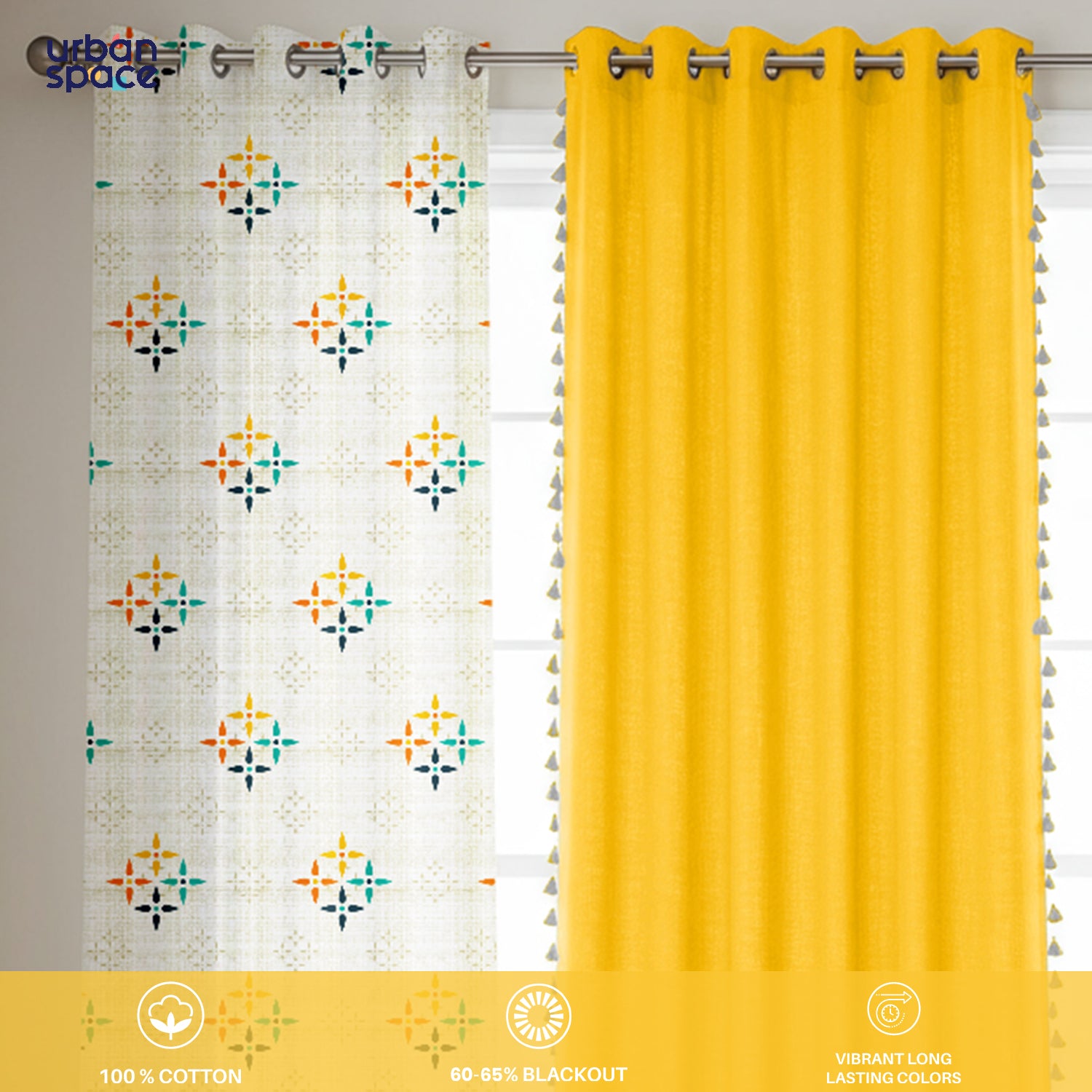 Set of three cotton curtains with one solid bright yellow panel and two white panels featuring a colorful mosaic pattern.