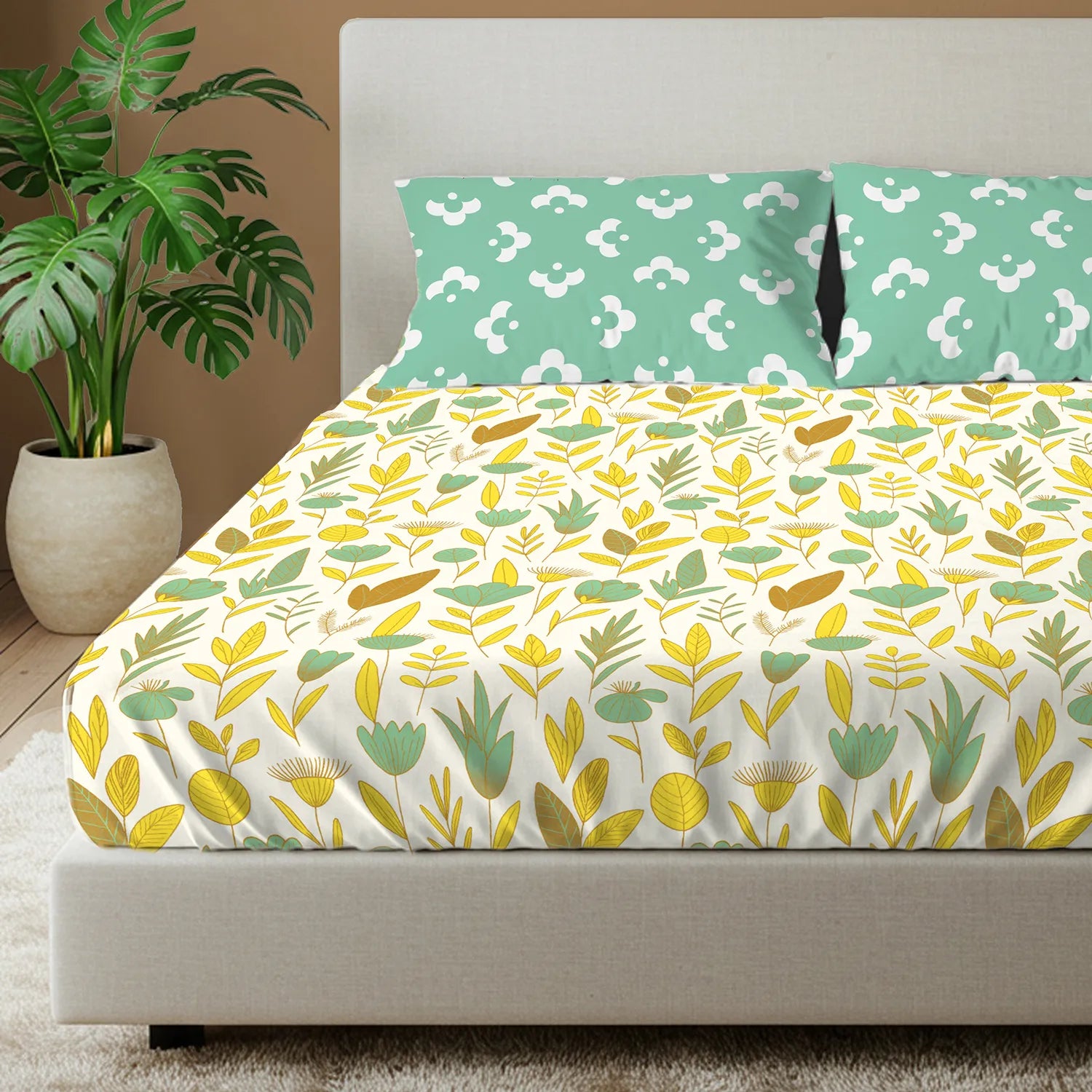 Divine Collection - Cotton Bedsheet With 2 Pillow Covers, Mist Mint Green
