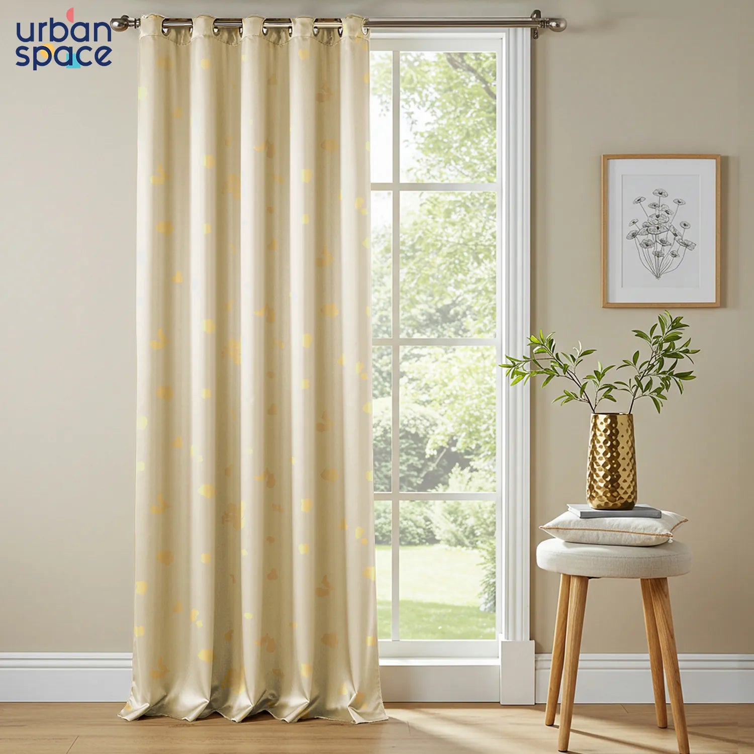 Gold Foil Printed 100% Blackout Curtains - Pack of 1 Curtain - Dalmatian Beige