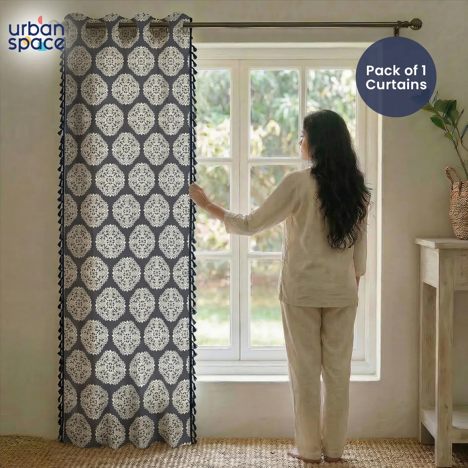 Premium 100% Cotton Curtain for Window & Curtains for Door - Pack of 1 Curtain, New Mandala Grey