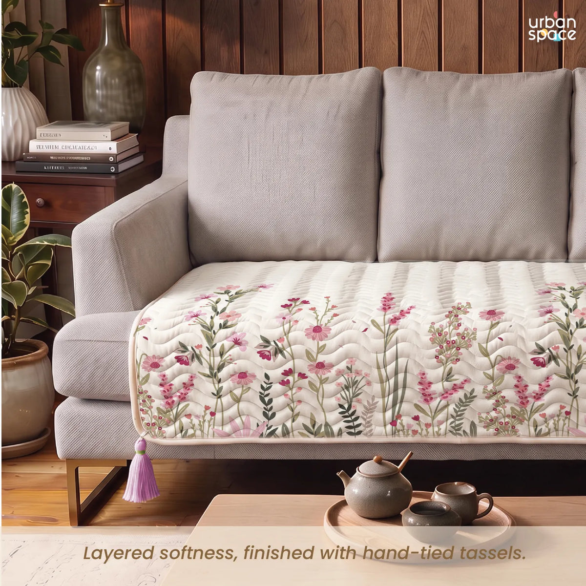 Anti Skid Quilted & Printed Velvet Sofa Mats with Tassels - Elara Pink
