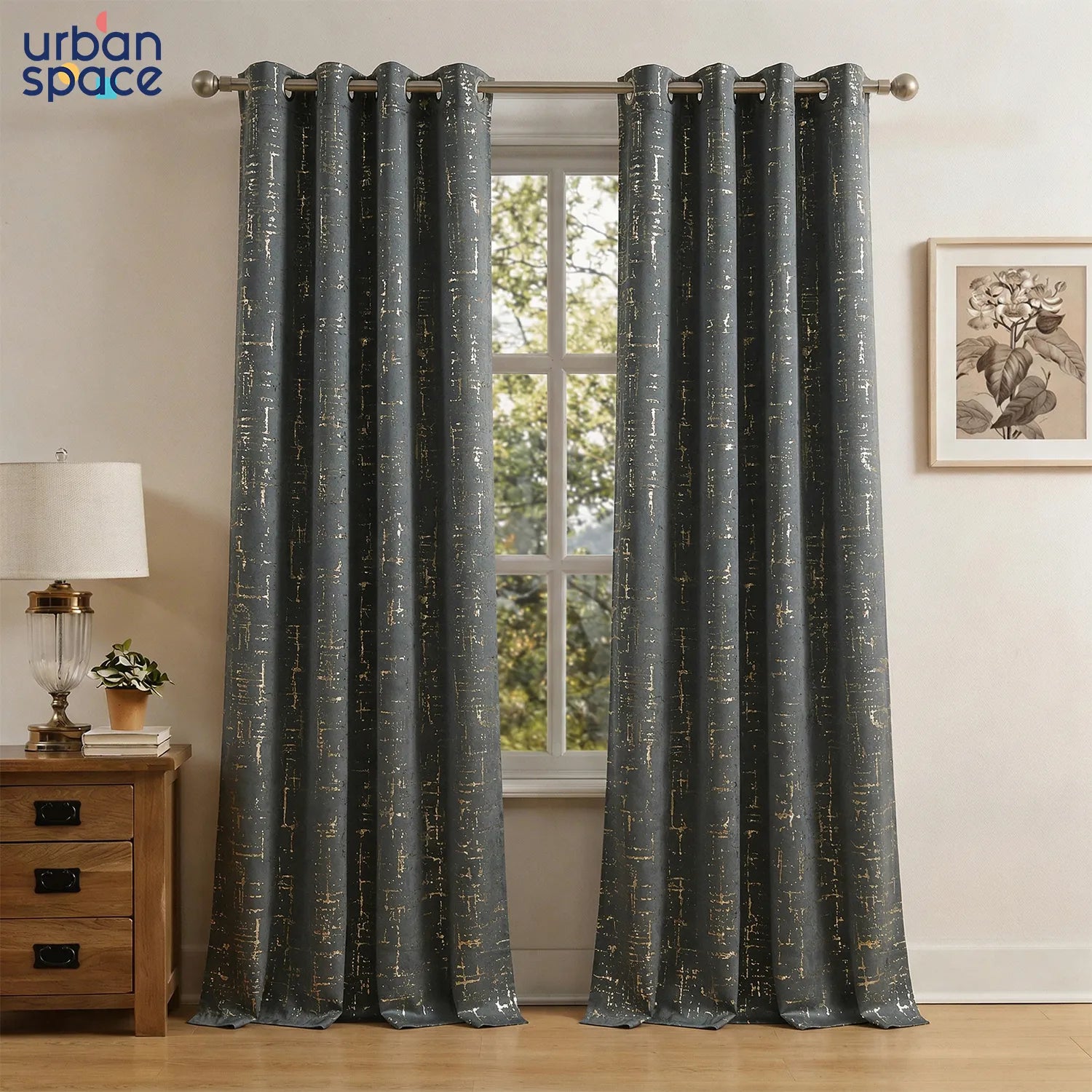 Gold Foil Printed 80-85% Blackout Curtains - Pack of 1 Curtain - Sparkle- Grey