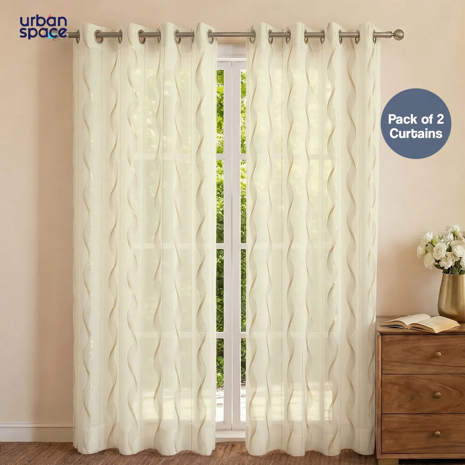 Linen Textured Metallic Gold Foil Sheer Curtains, Pack of 2 Curtains - Double Wave - Buttercream
