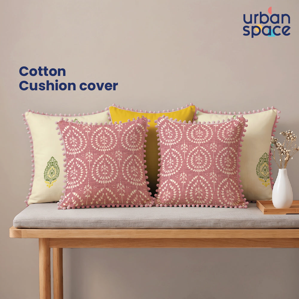 Festive Cushion Covers for Sofa & Couch, Set of 5 - Zari Buta Sage Green, Aura Pink & Green with pom