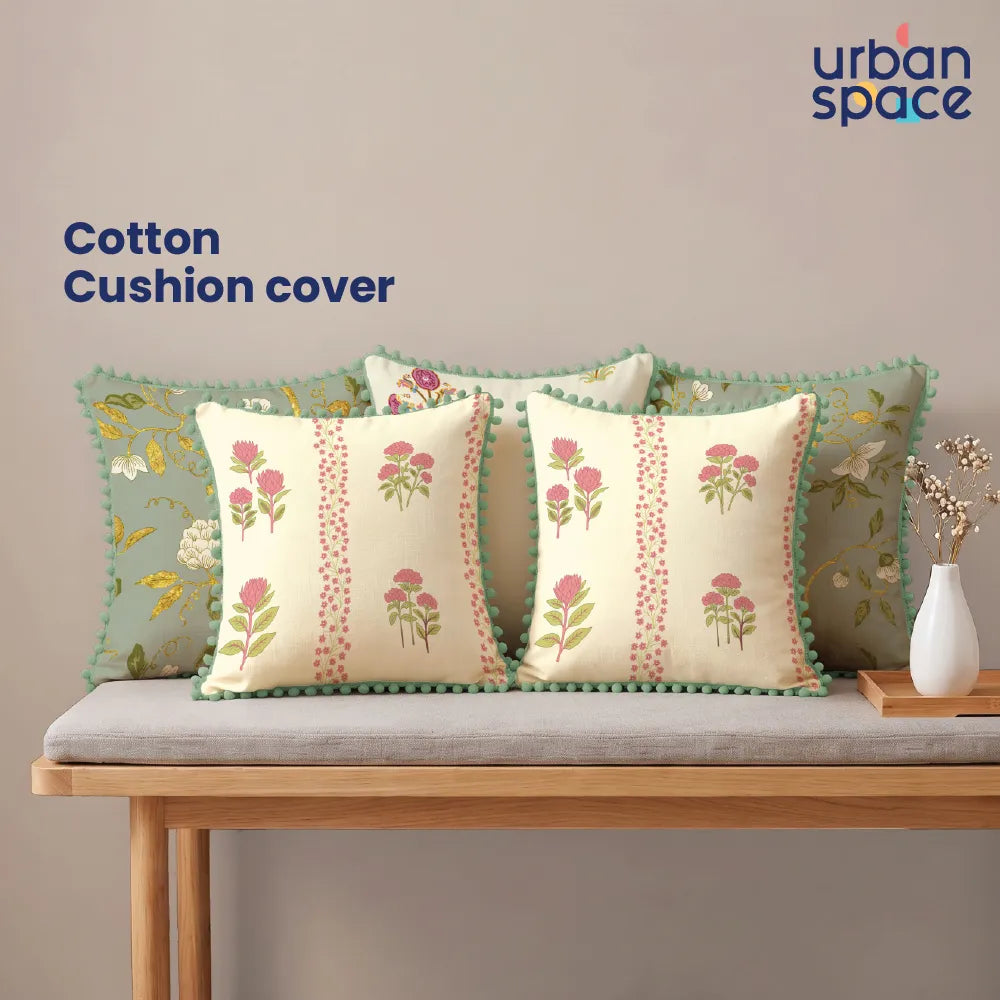 Festive Cushion Covers for Sofa & Couch, Set of 5 - Zari Mohar Pink Gold, Grove Pink, Zari Bagh Sage and Pom