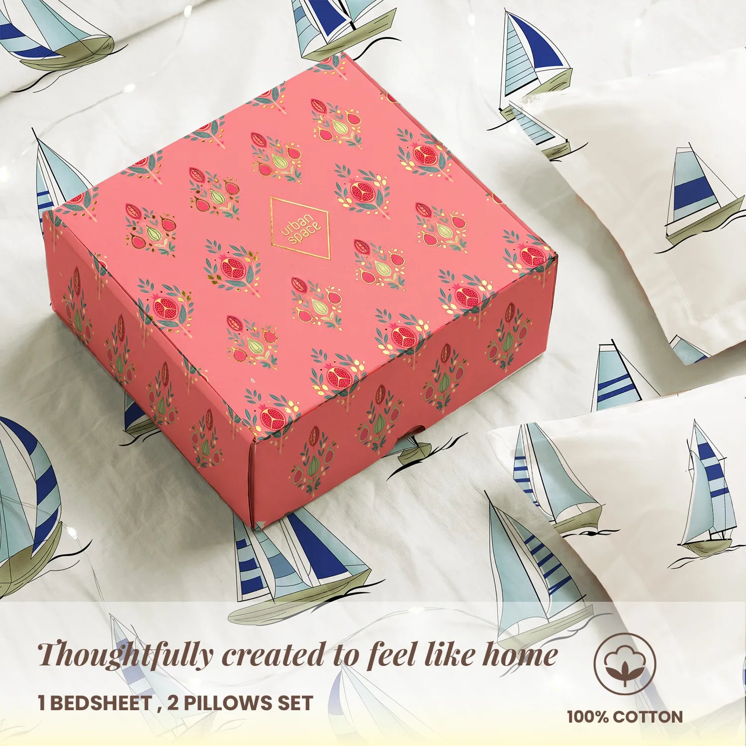 144 TC 100% Cotton Bedsheet Set in Gift Box - Ocean Boats Blue