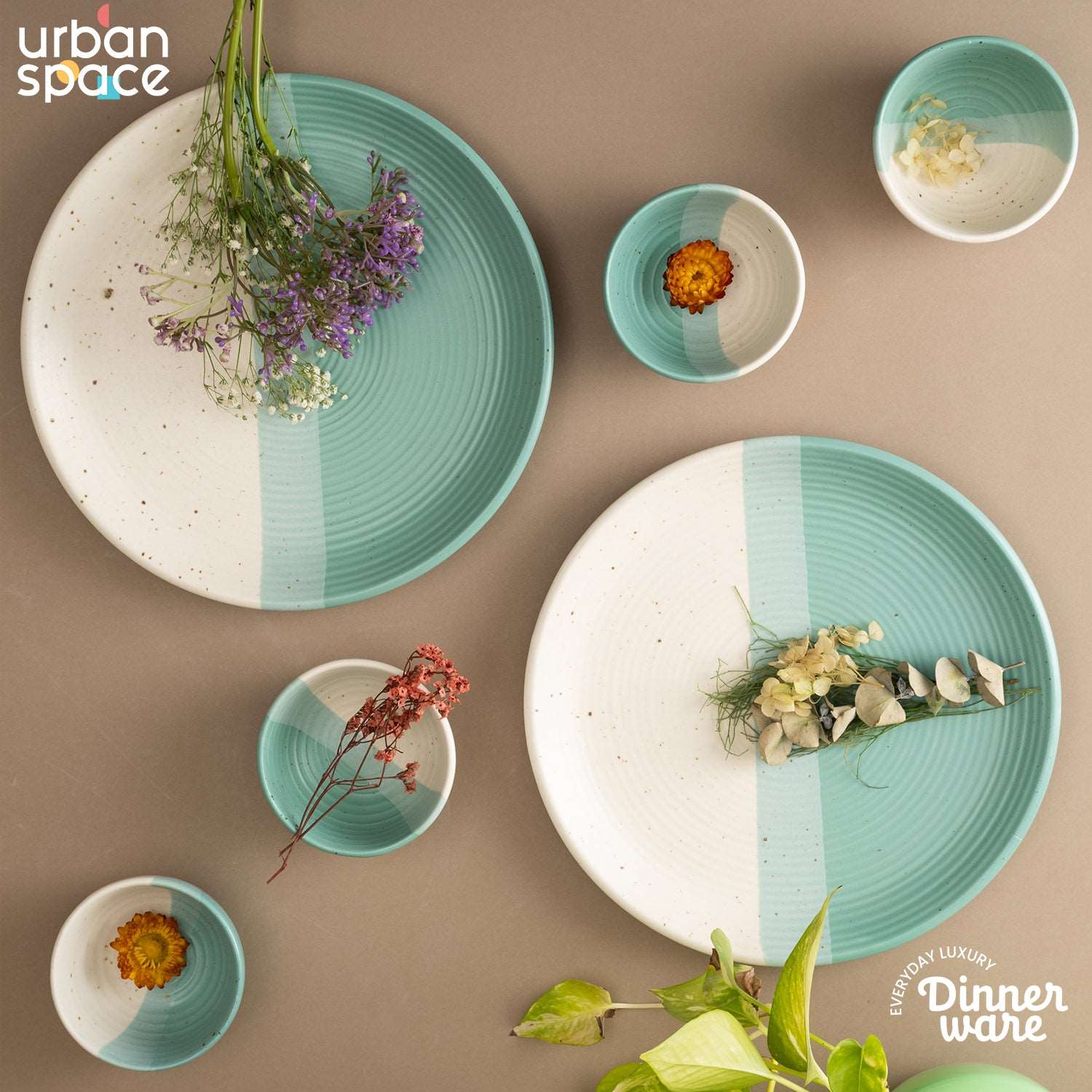 Handmade Ceramic Dinner Set for 2, set of 2 Dinner plates and 4 katoris, Set of 6, Ocean Green Pearl