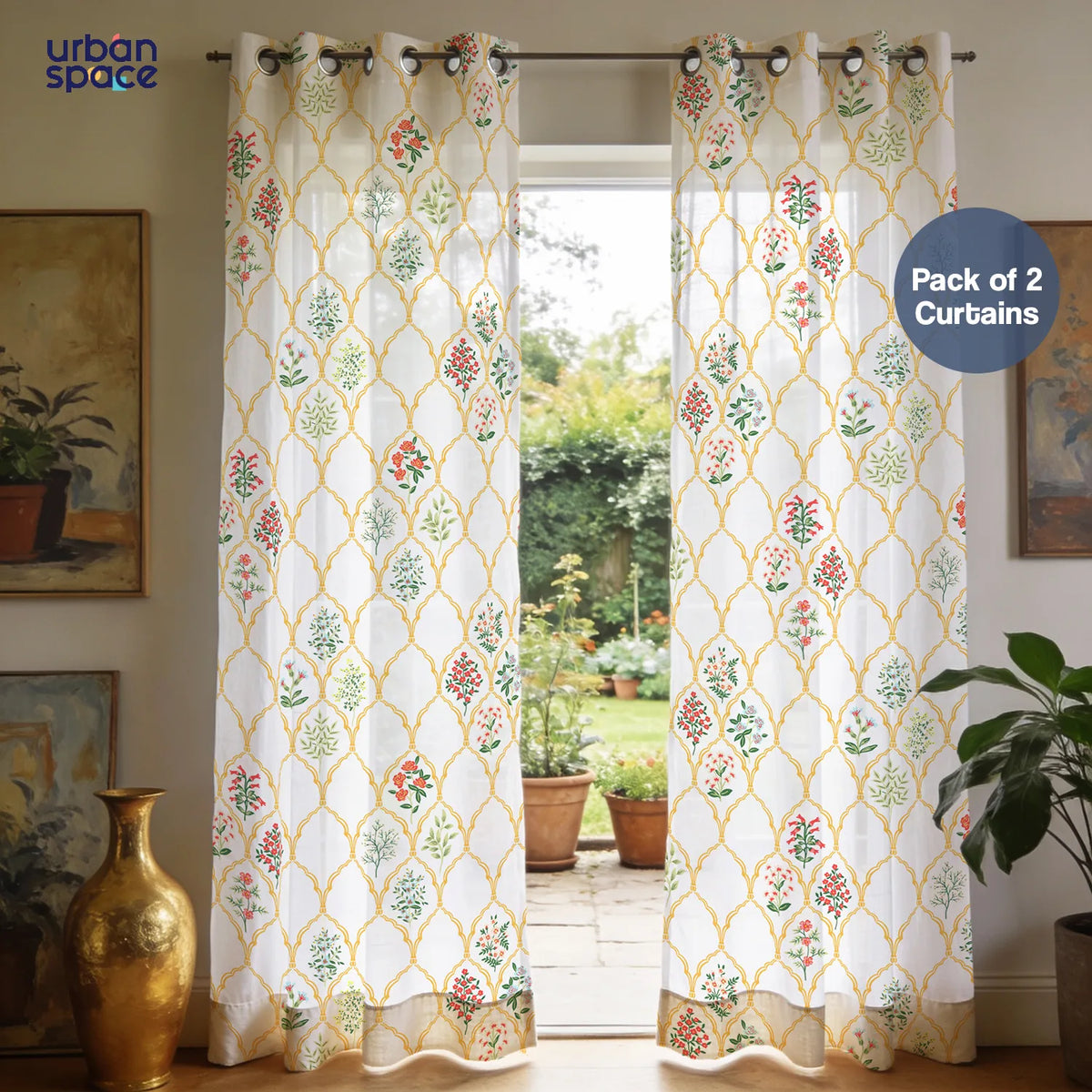 Printed Sheer Linen Curtains, Light Filtering, Pack of 2 Curtains - Floral symphony
