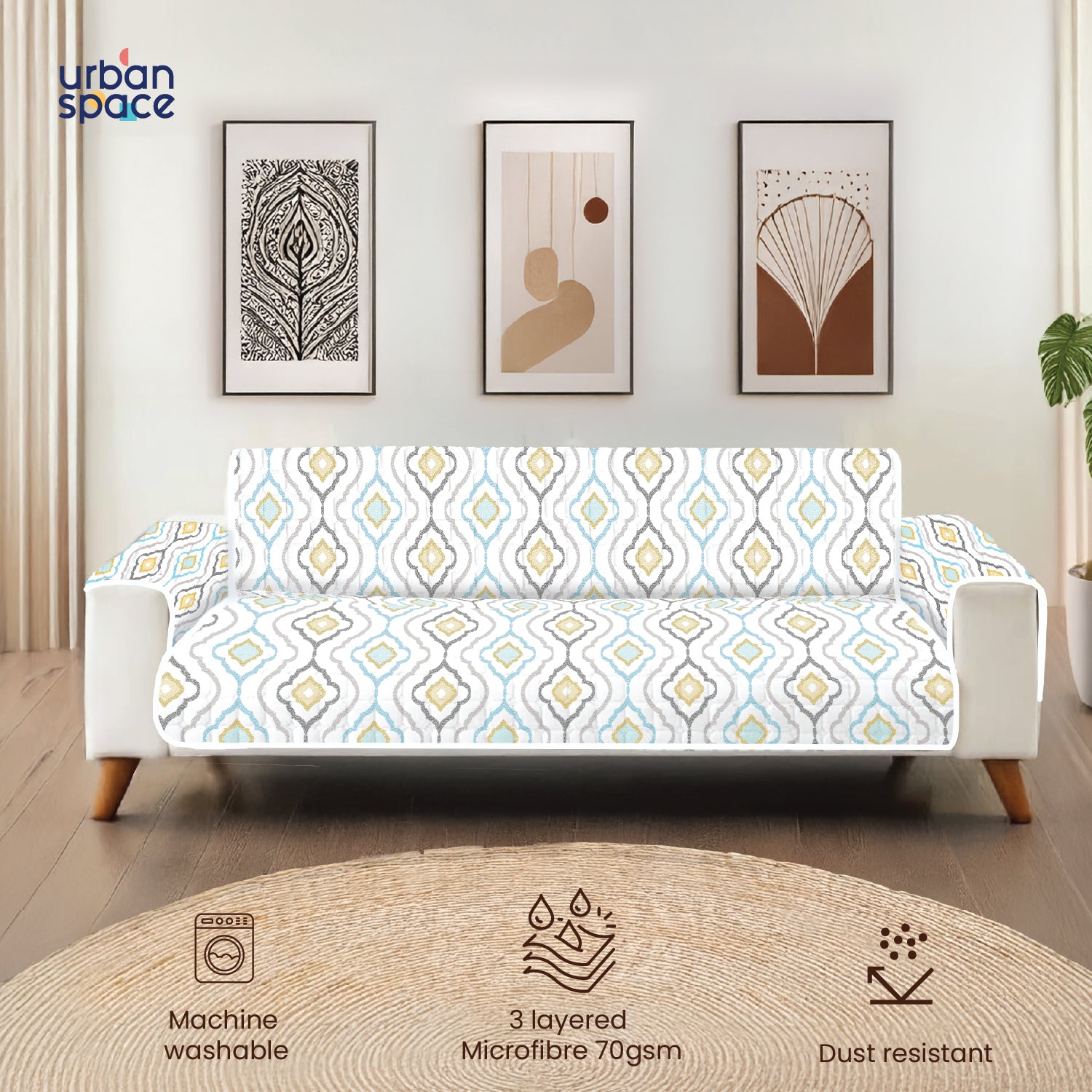 Quilted Printed Microfiber Sofa Cover, Comes With Side Pockets & Strap, Washable - Morocco