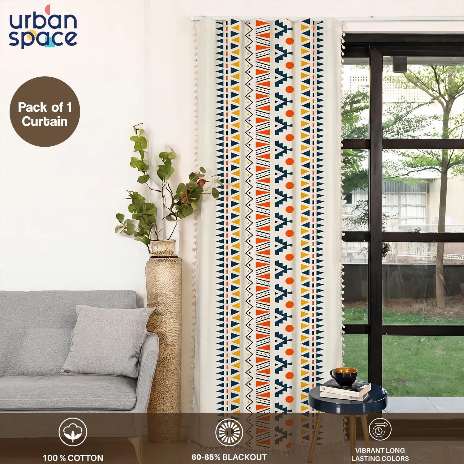 Premium 100% Cotton Curtain with Track Channel for Window & Curtains for Door - Pack of 1 Curtain, Ikat Orange