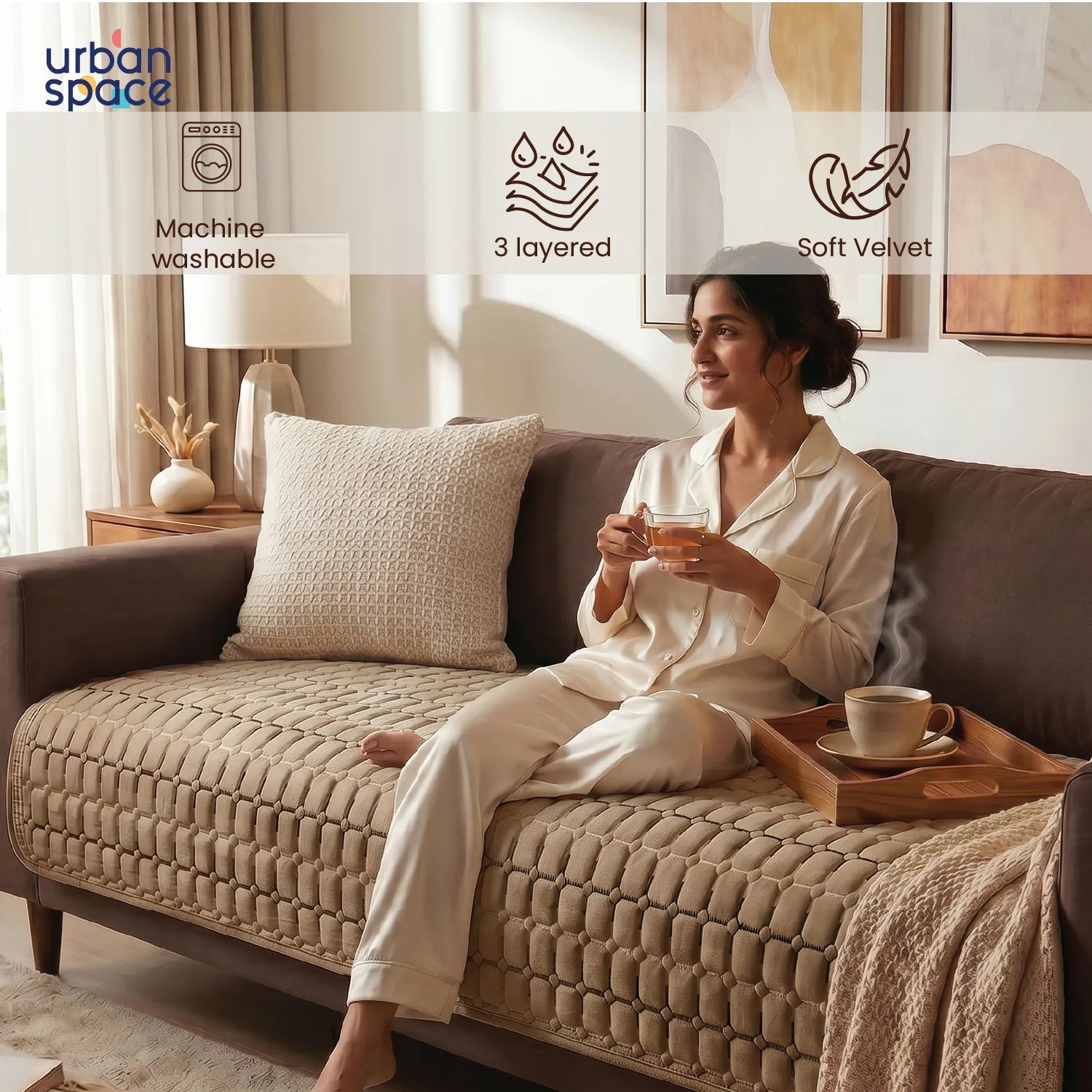 Anti Skid Quilted Velvet Sofa Mats, Box Grid - Soft Brown