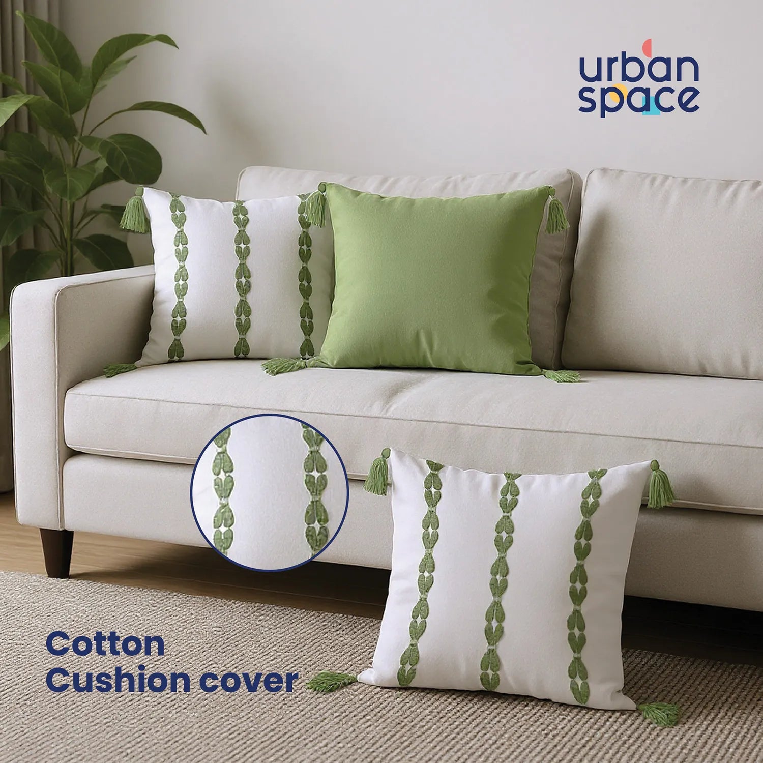 Embroidered Cotton Cushion Cover, for Sofa, Bedroom, Living Room - Set of 3 - Aura Sage Green