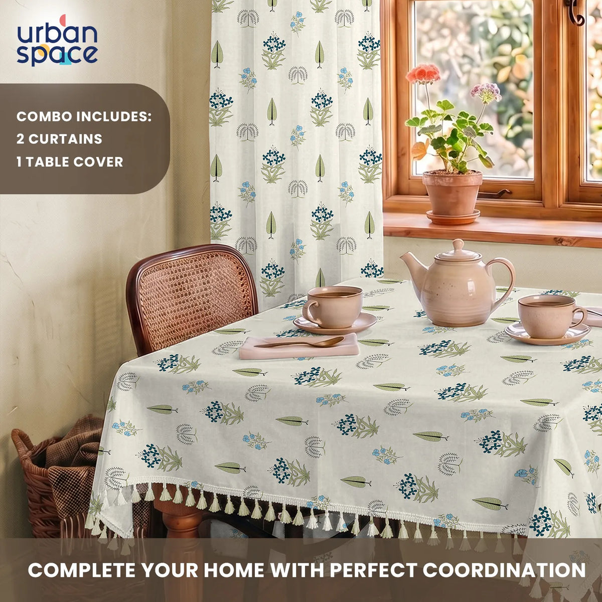 Cotton Curtains + Cotton Table Cover - (Combo 5 - Calico Blue + Calico Blue)