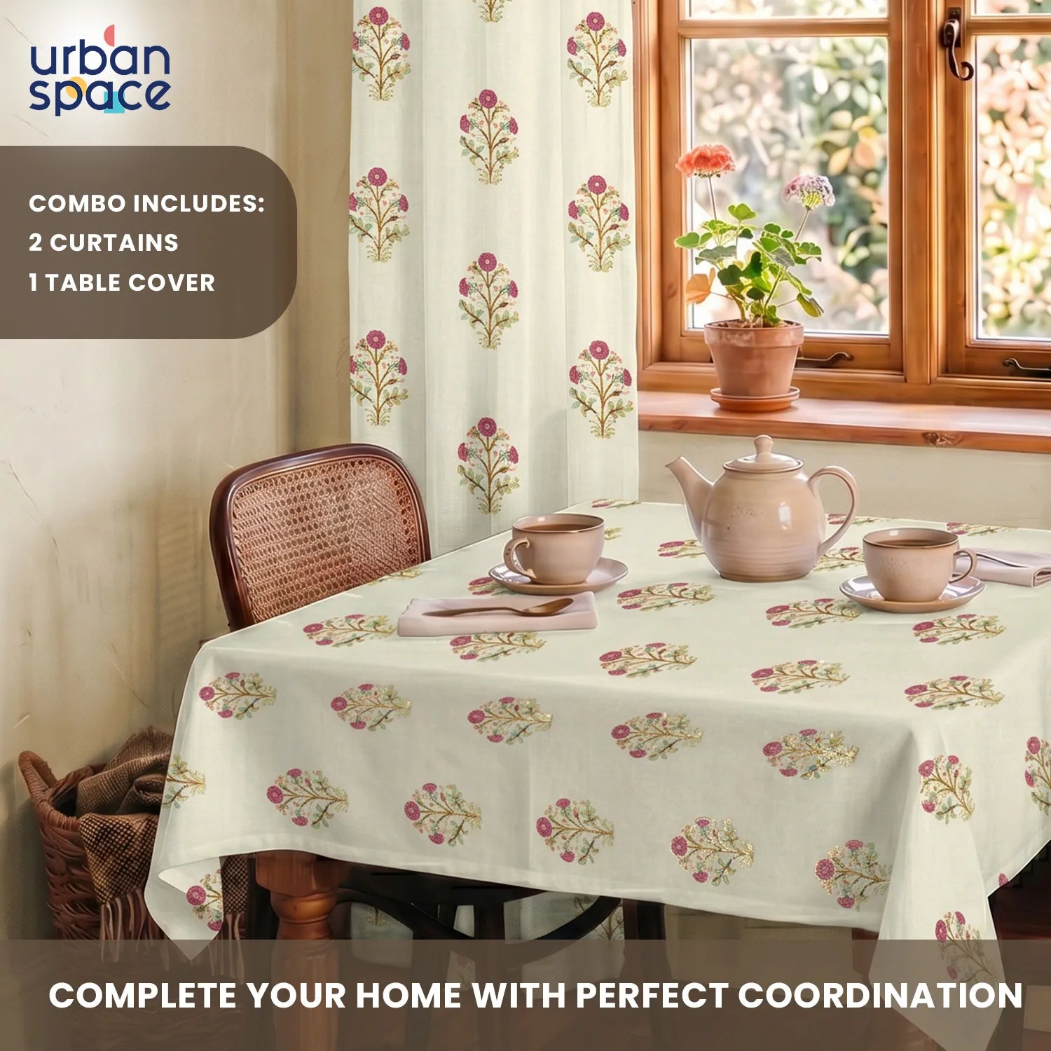 100% Cotton Pack of 2 Curtains & Table Cover Combo for Living Room - Zari Mohar Pink