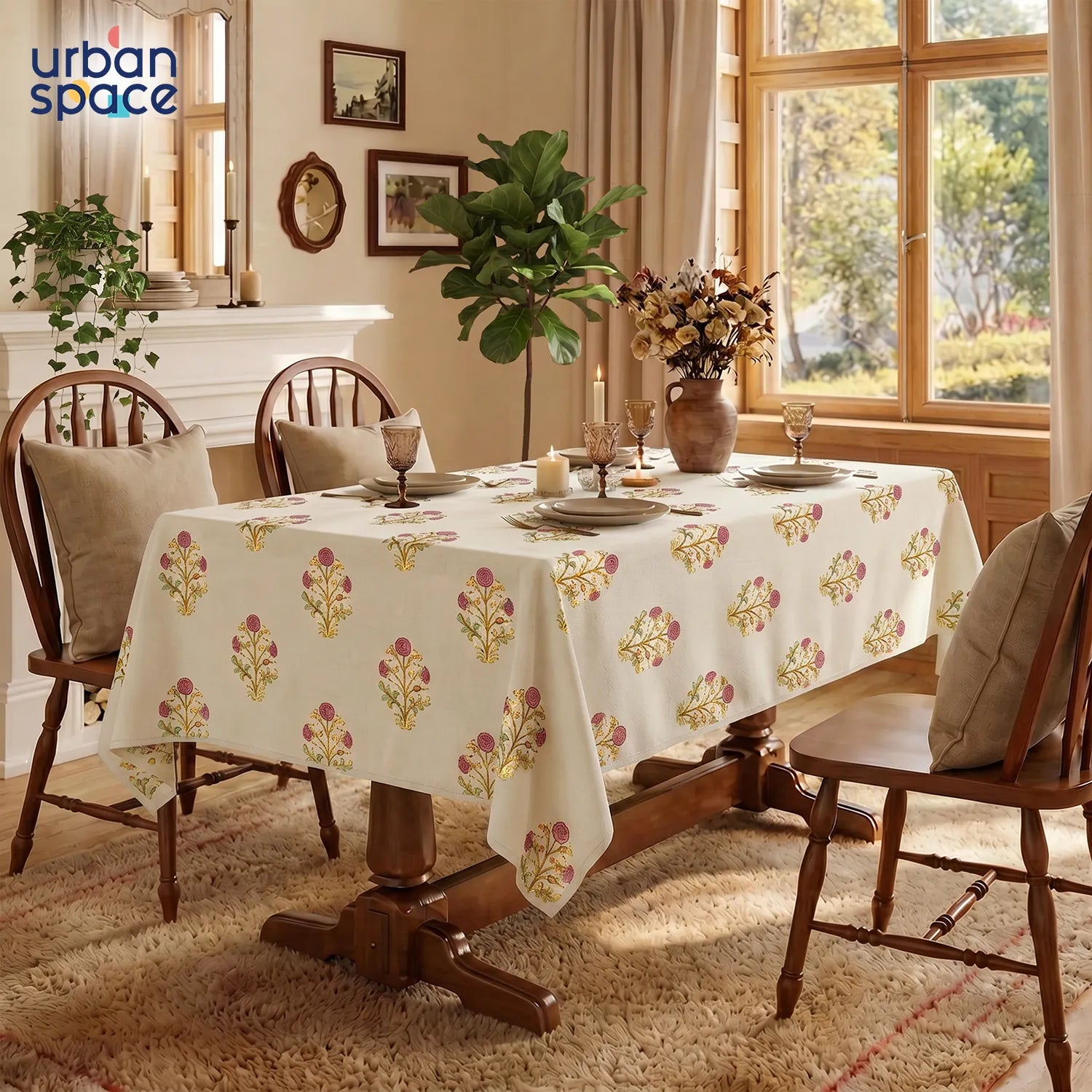 100% Cotton Table cloth/ table cover for 4 or 6 seater Dining / Centre Table - Zari Mohar Pink Gold