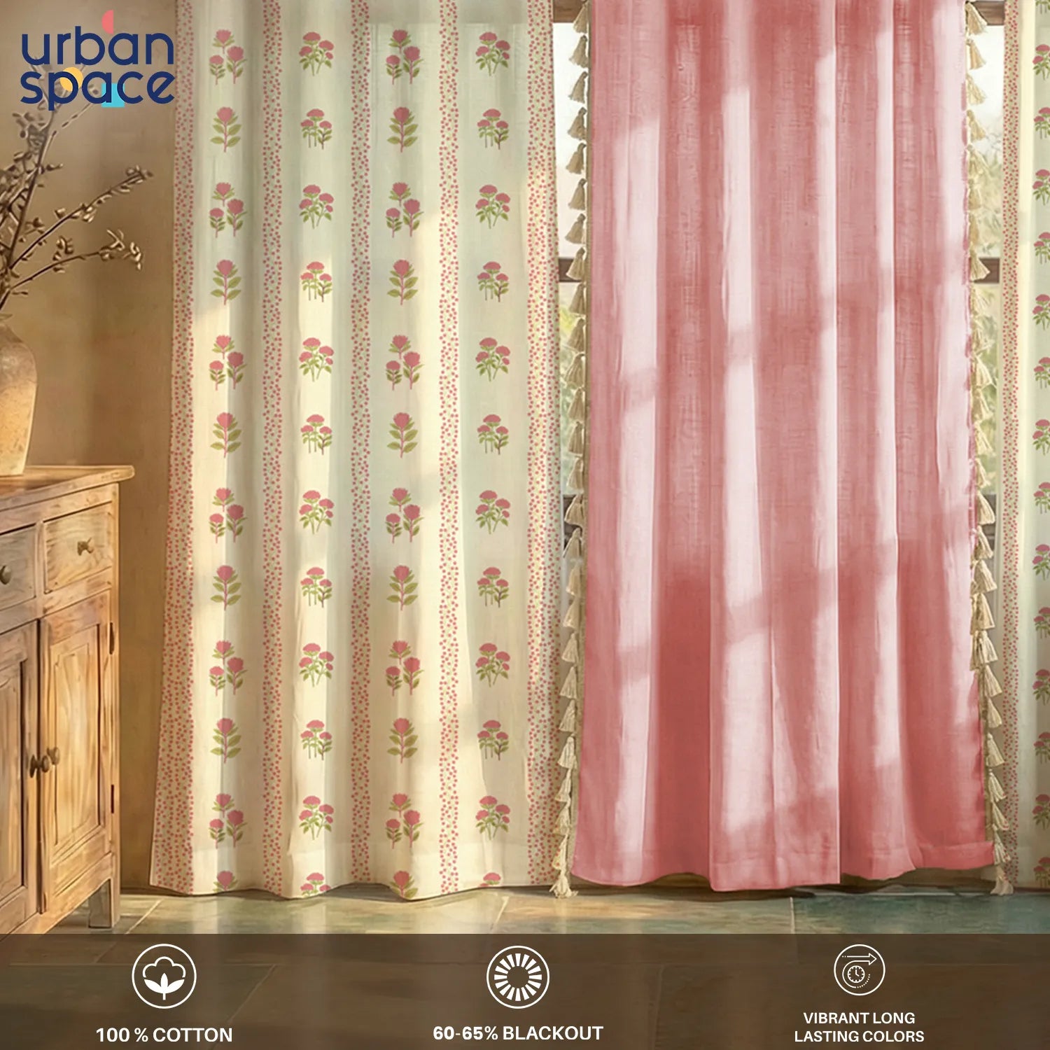 Cotton Curtains Combo, Set of 3 curtains, 60-65% Room Darkening Curtain - Grove Pink & Dusty Pink