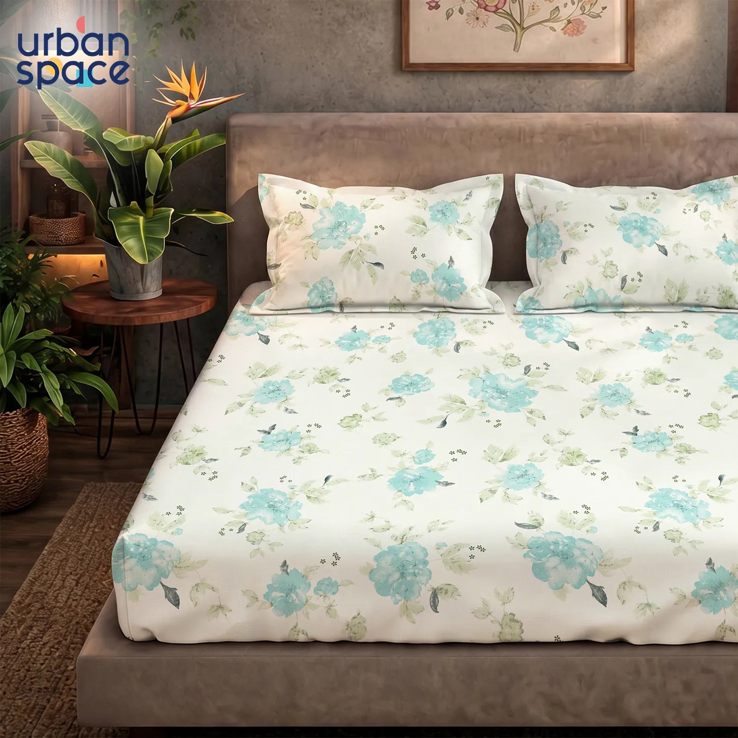 Serene 200 TC 100% Cotton Bedsheet with Pillow Covers - Sapphire Soft Aqua