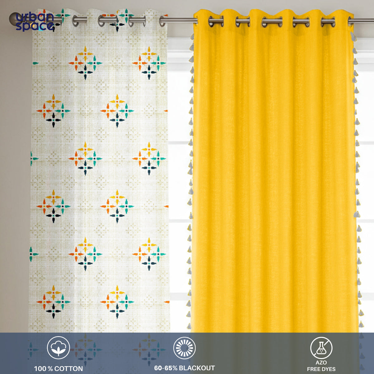 Solid bright yellow blackout panels and white panels with colorful mosaic patterns in orange, blue, and yellow.