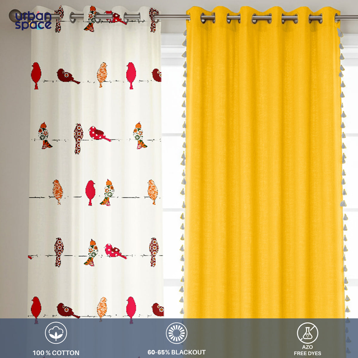 Set of four cotton curtains with two panels featuring red hummingbird and leaf prints on white background, and two solid.
