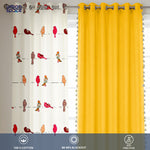 Set of four cotton curtains with two panels featuring red hummingbird and leaf prints on white background, and two solid.