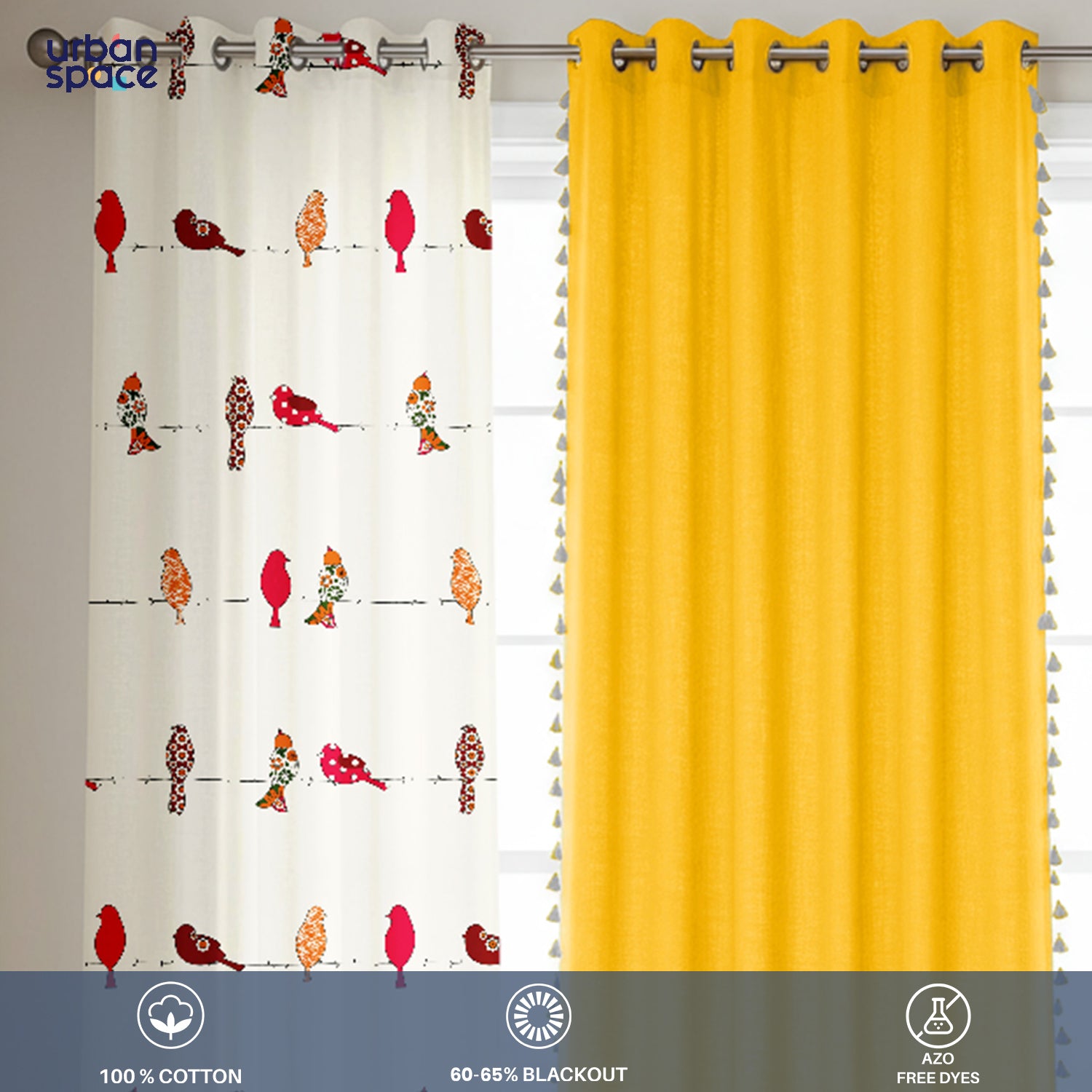 Set of four cotton curtains with two panels featuring red hummingbird and leaf prints on white background, and two solid.