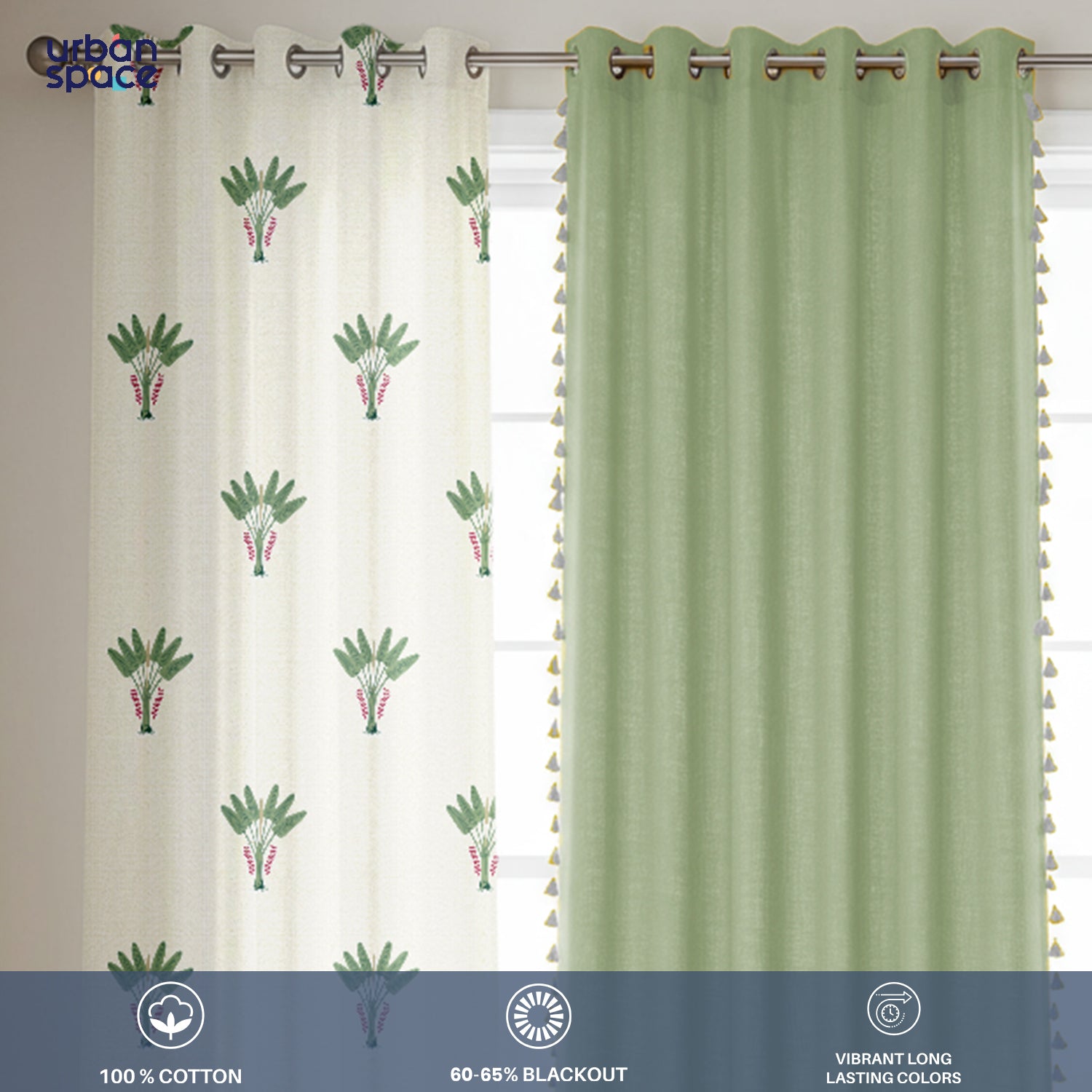Cotton Curtains Combo, Set of 4 curtains, 60-65% Room Darkening Curtain - Palm Lagoon Green & Aura Green