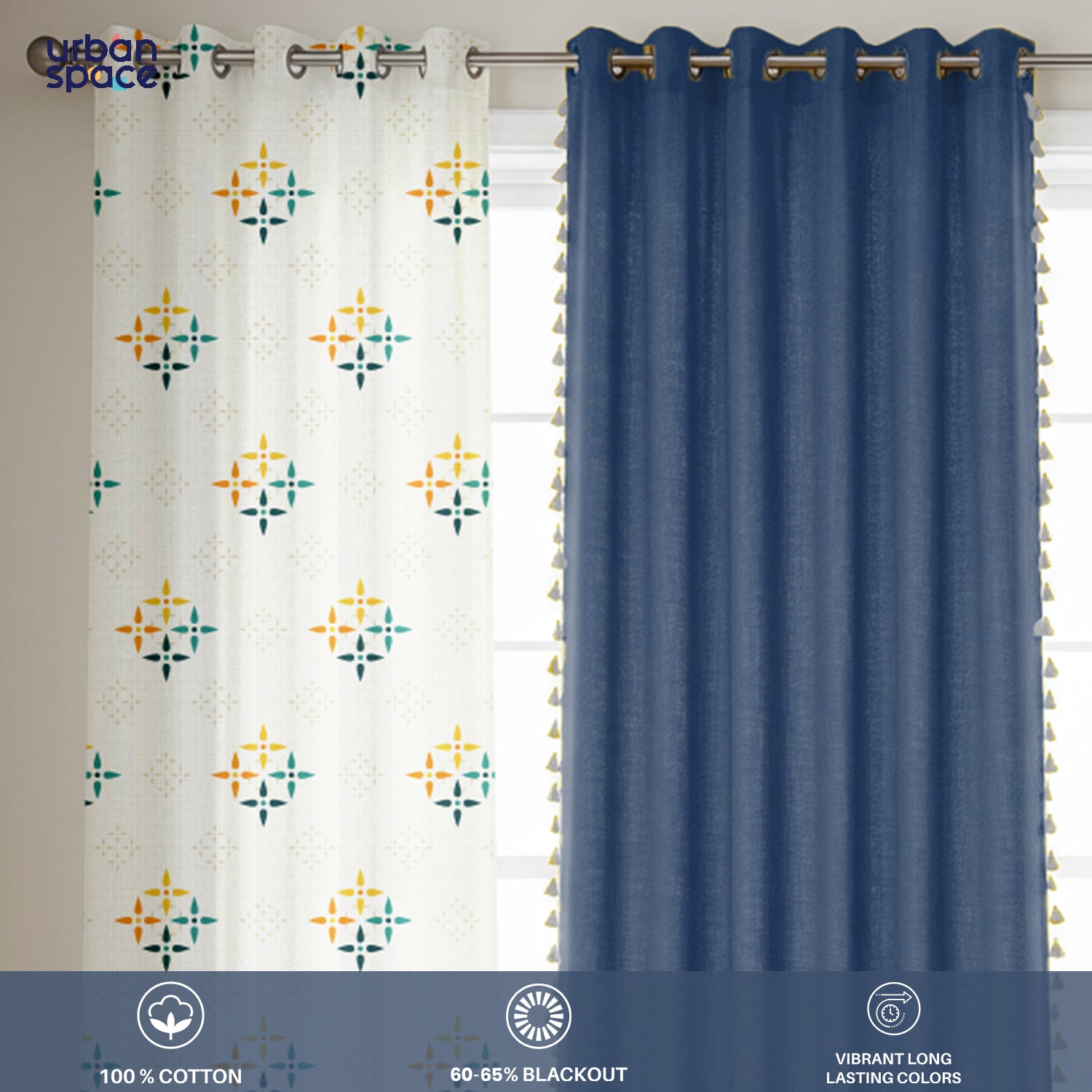 Cotton Curtains Combo, Set of 3 curtains, 60-65% Room Darkening Curtain - Blue & Aura Indigo