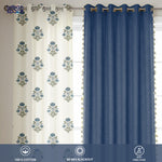 Set of four cotton curtains with two patterned panels featuring blue and green floral motifs on white and two solid deep.