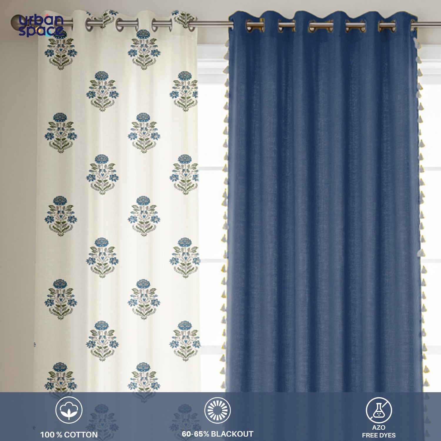 Set of four cotton curtains with two patterned panels featuring blue and green floral motifs on white and two solid deep.