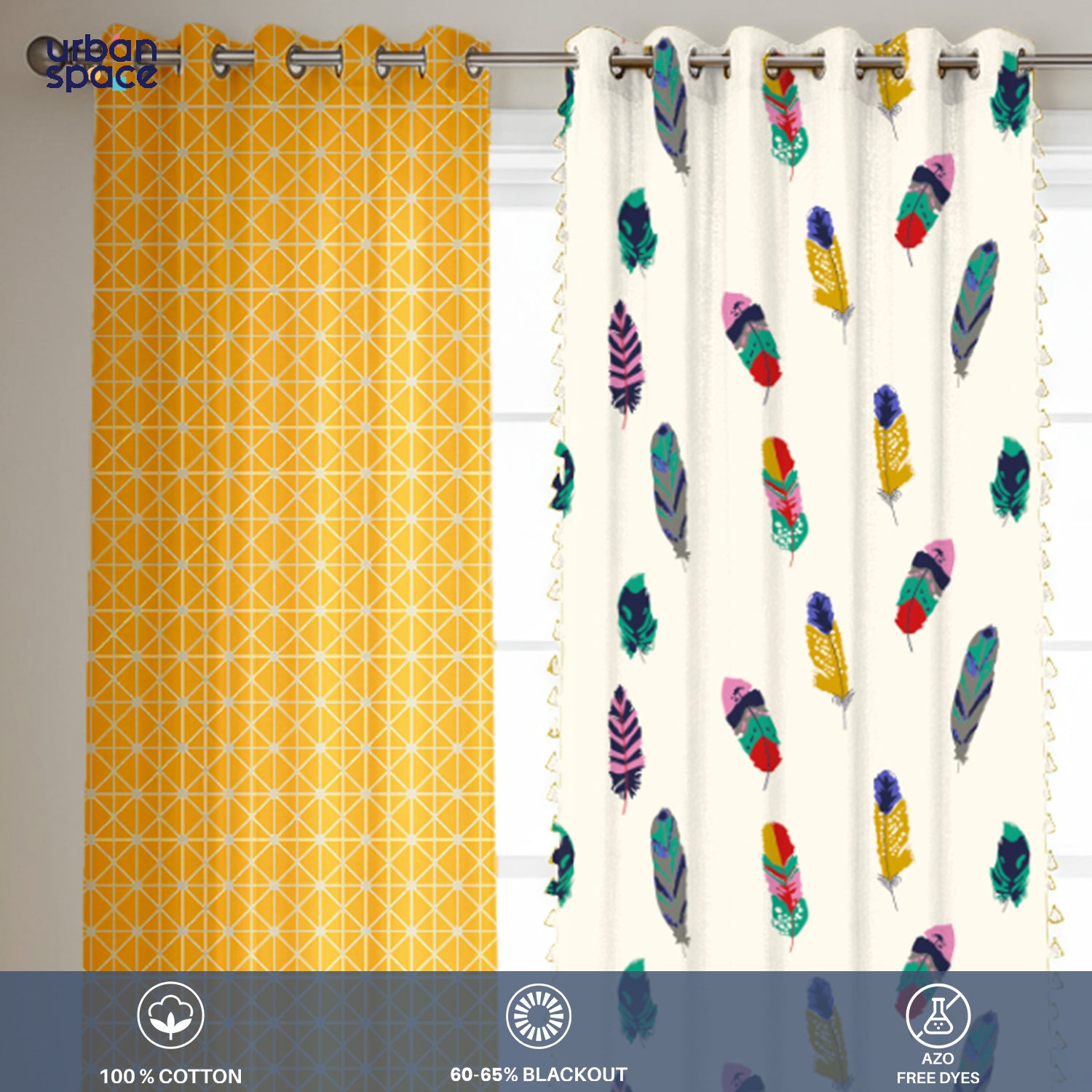 Cotton Curtains Combo, Set of 4 curtains, 60-65% Room Darkening Curtain - Yellow Star & Dream Catcher