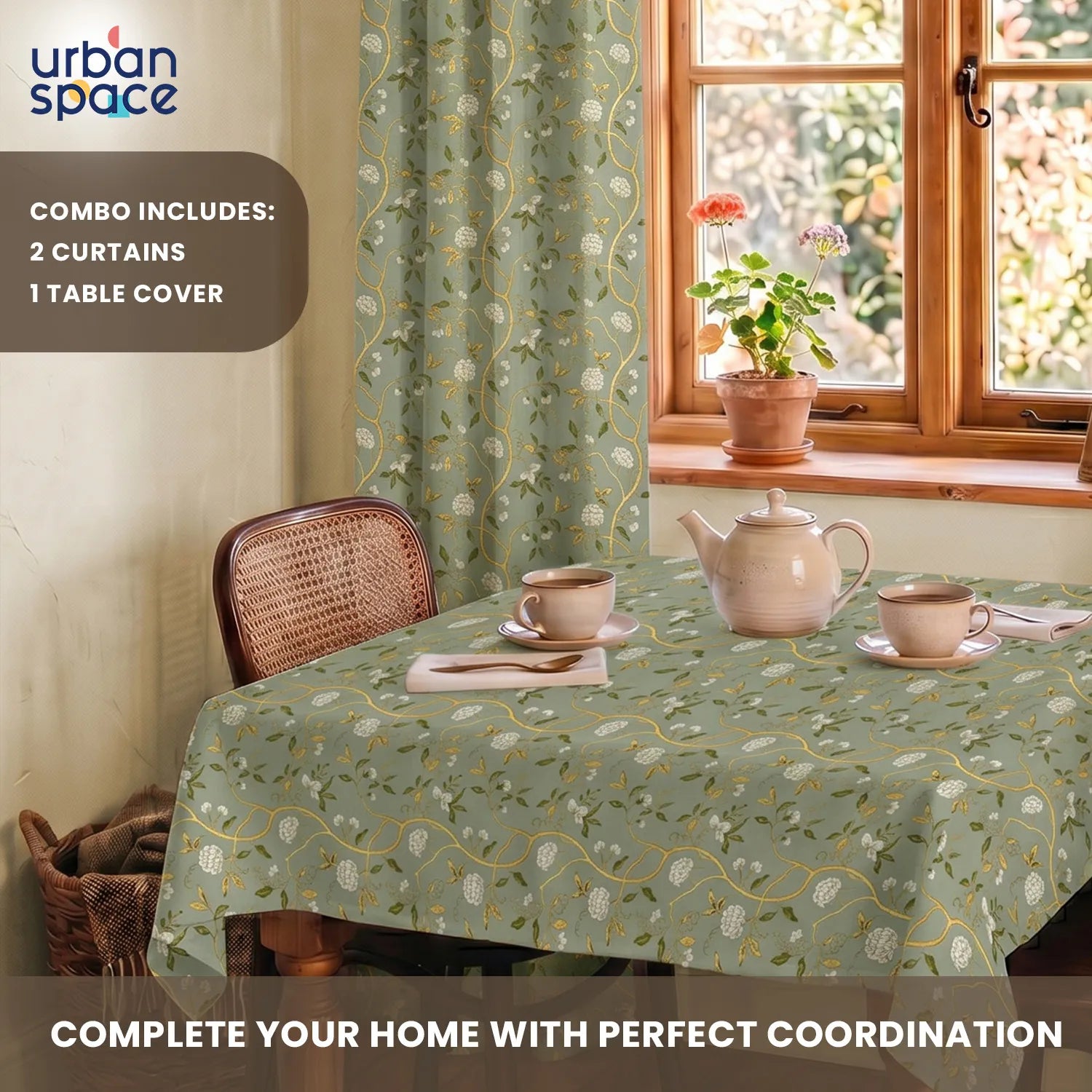 100% Cotton Pack of 2 Curtains & Table Cover Combo for Living Room - Zari Baagh Sage Green Gold
