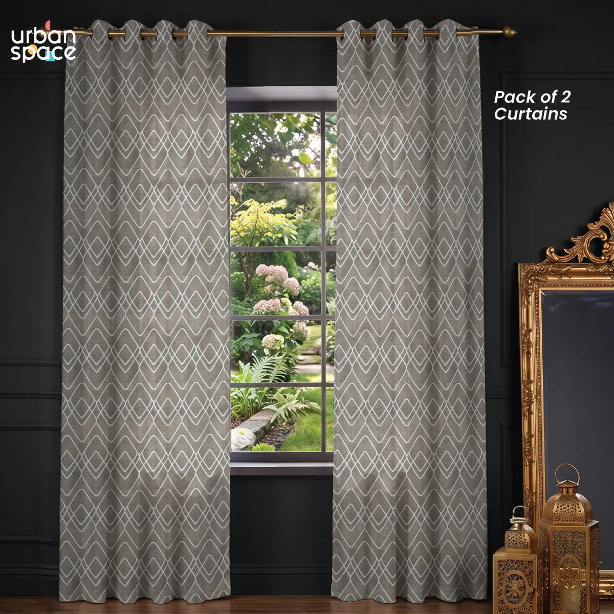 Premium Jacquard Curtains, 60% Light Blocking Door Curtains, Pack Of 2 - Golden Bloom Beige