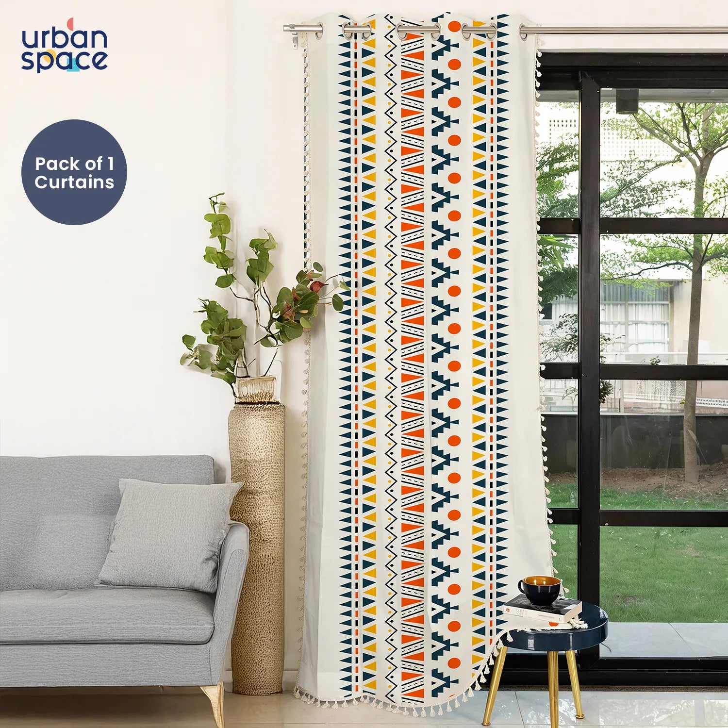 100% Cotton Room Darkening Boho White Curtains, Pack of 1 Curtain - Ikat Orange