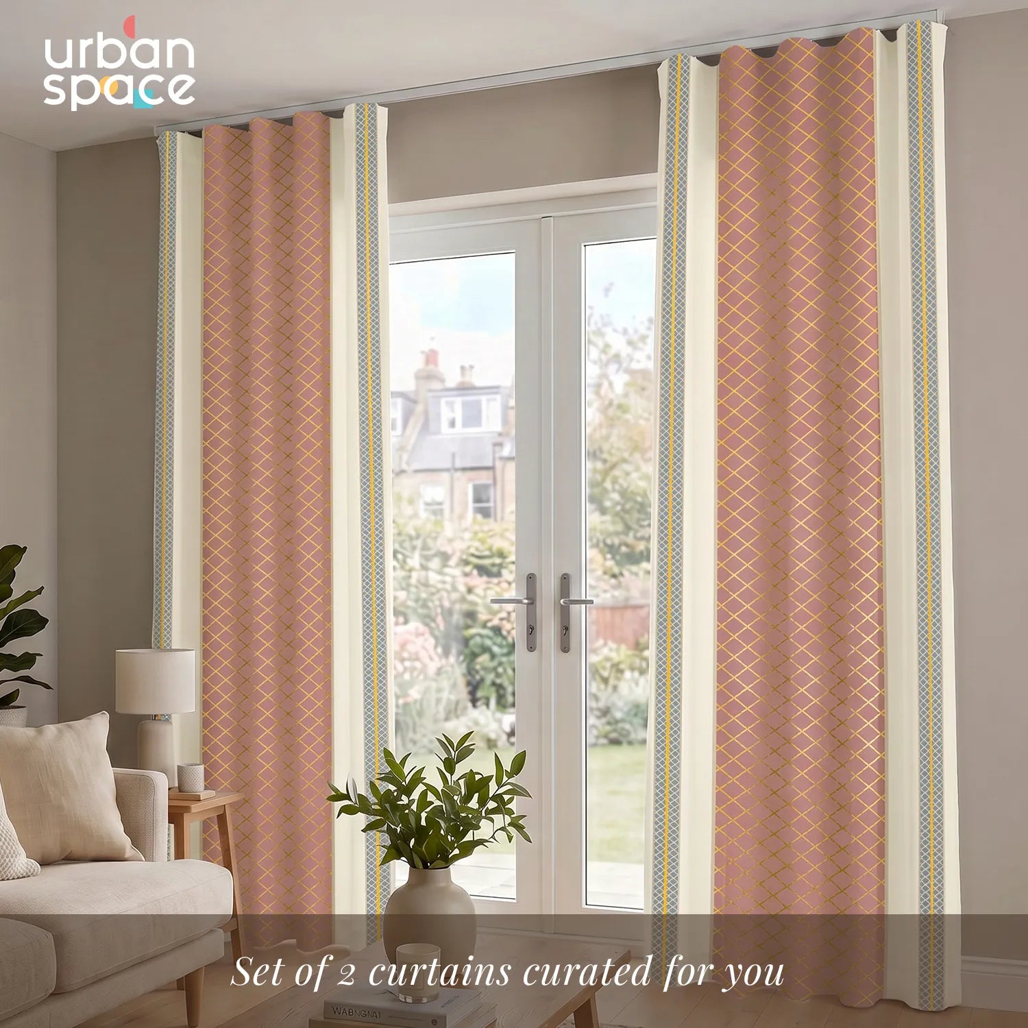 100% Cotton Curtains for Living Room, Bedroom curtains with Track Channel - Pack of 2 curtains, Zari Jaal Dusty Pink Gold