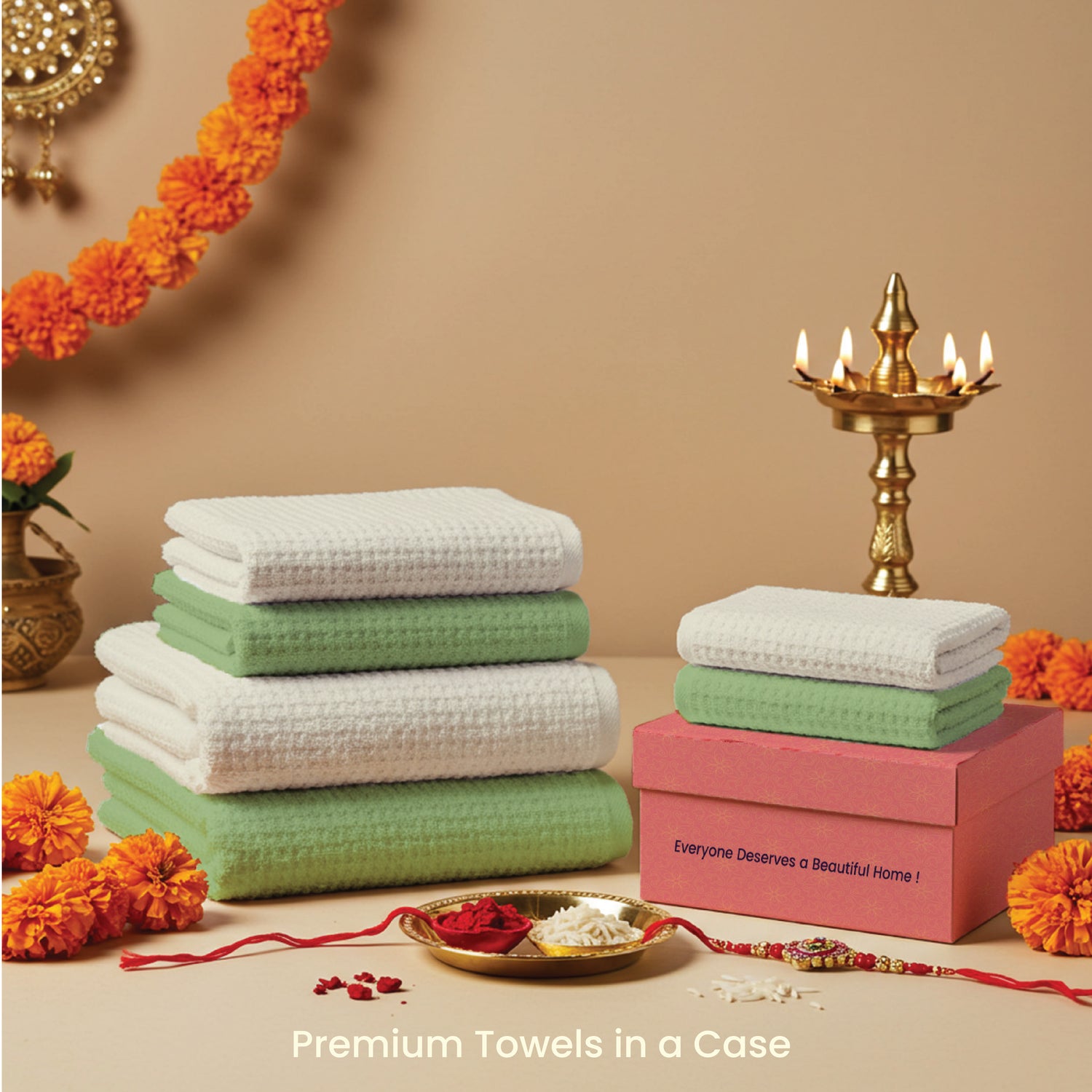 6-Piece Towel Set, Skin Friendly and Quick Dry, in Gift Box, Sage Green & Beige