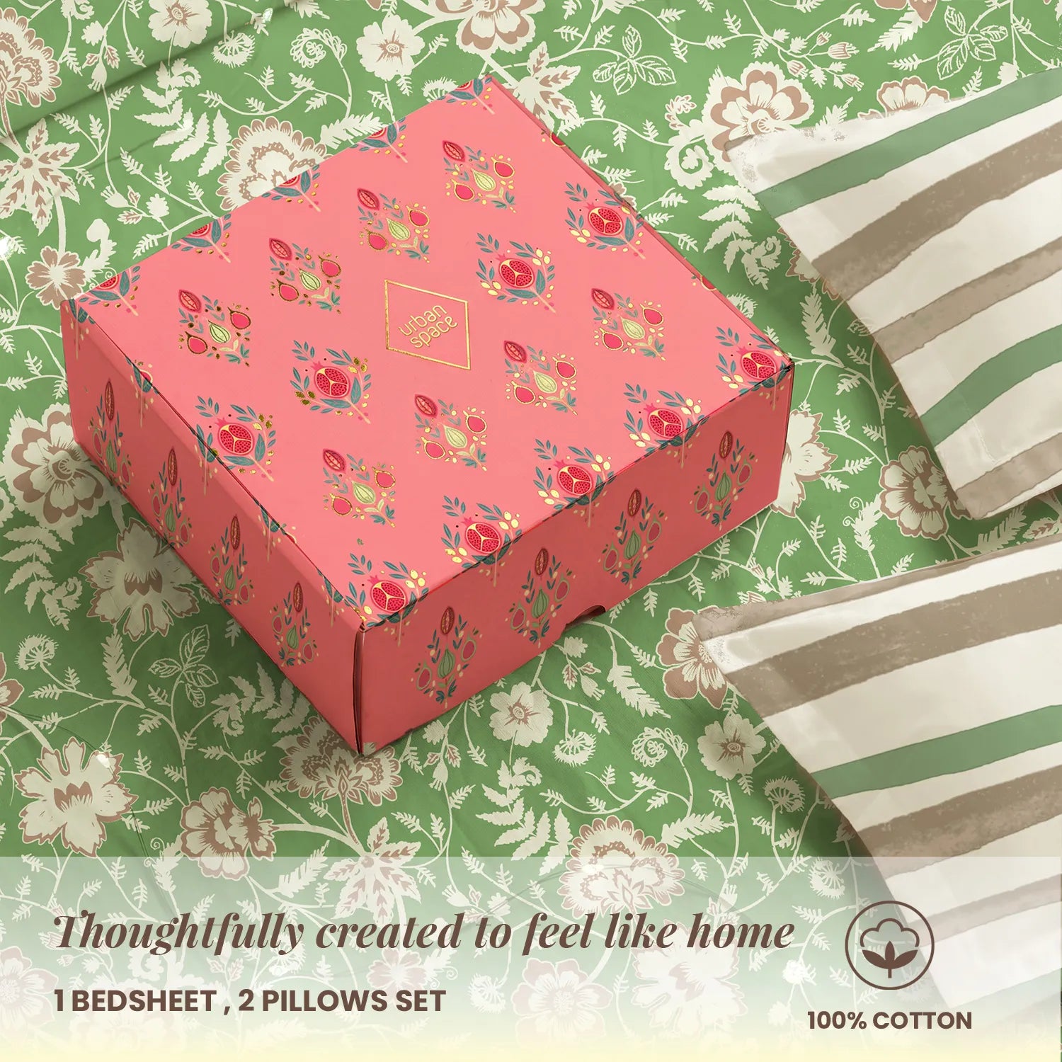 144 TC 100% Cotton Bedsheet Set in Gift Box - Viola Sage Green