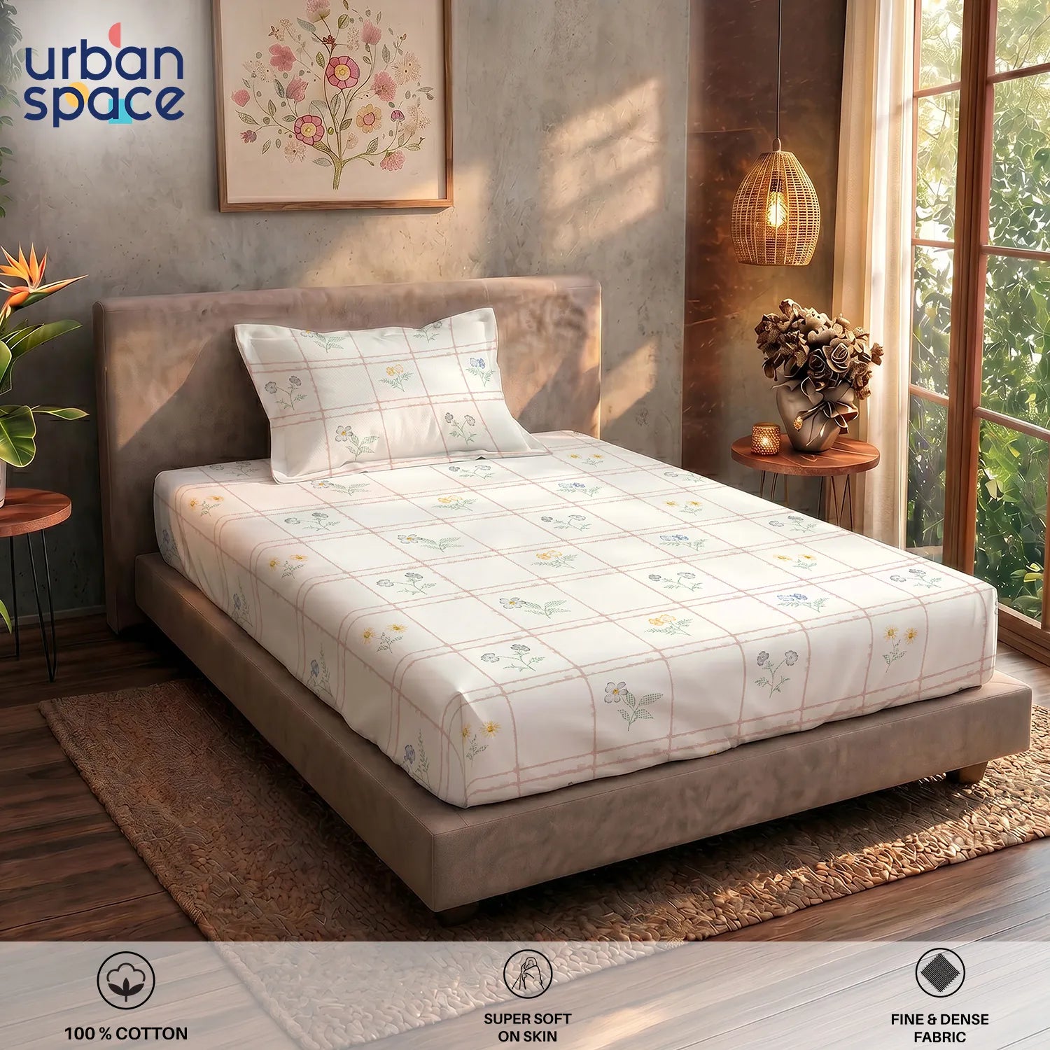 Serene 200 TC 100% Cotton Single Bedsheet with Pillow Covers - Petal & Pane Buttercream