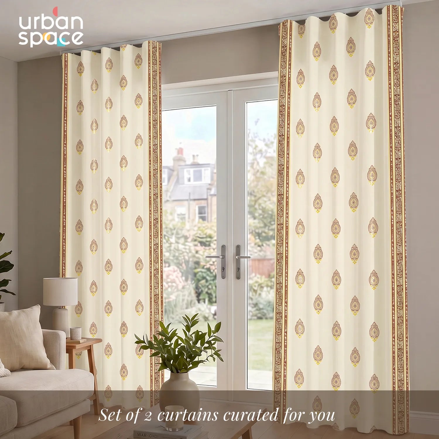 100% Cotton Curtains for Living Room, Bedroom curtains with Track Channel - Pack of 2 curtains, Zari Buta Brown Gold