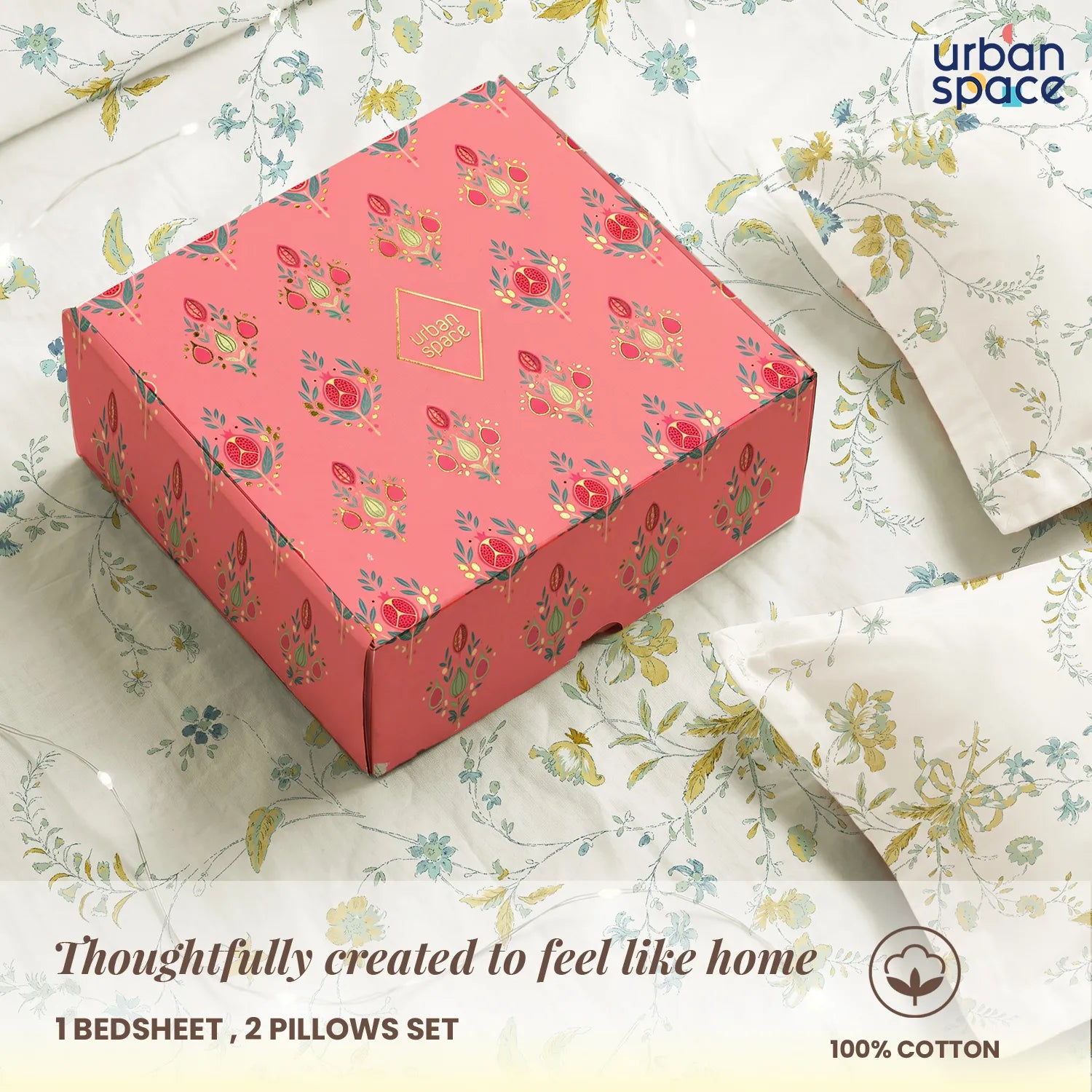 Serene 200 TC 100% Cotton Bedsheet with Pillow Covers in Giftbox - Bloom Pearls Sage