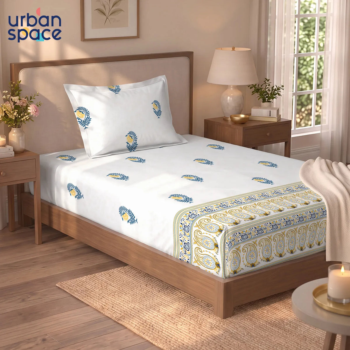 Serene 300 TC 100% Cotton Single Bedsheet with Pillow Covers - Ethnic Motif - Yellow