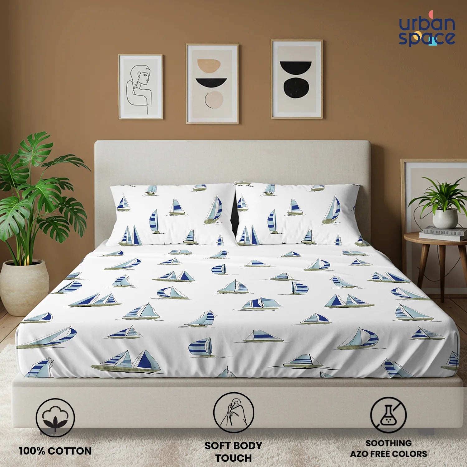 Divine Collection - Cotton Bedsheet With 2 Pillow Covers, Ocean Boats Blue
