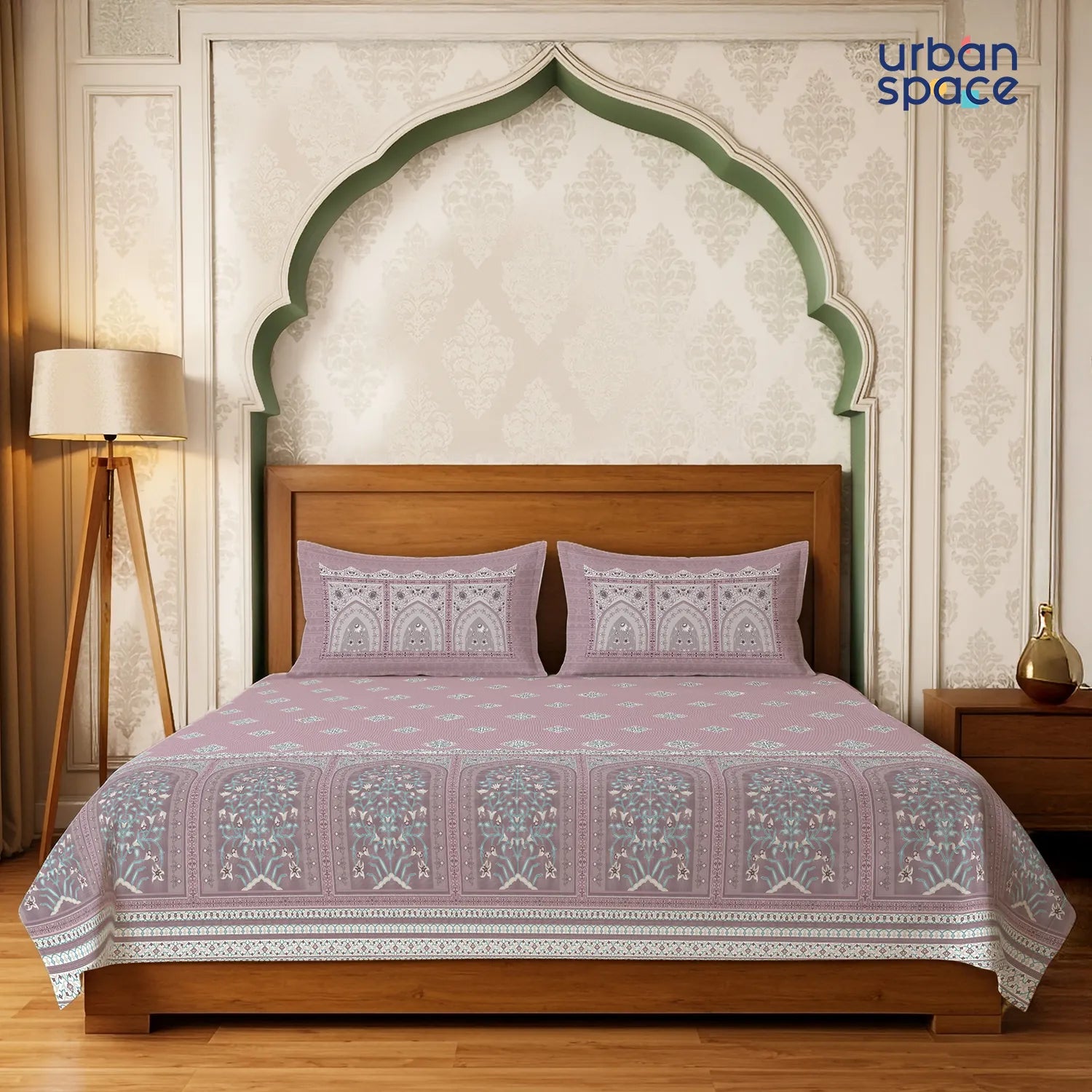 Serene 300 TC 100% Cotton Bedsheet with Pillow Covers, Panel Design - Jharokha Mauve