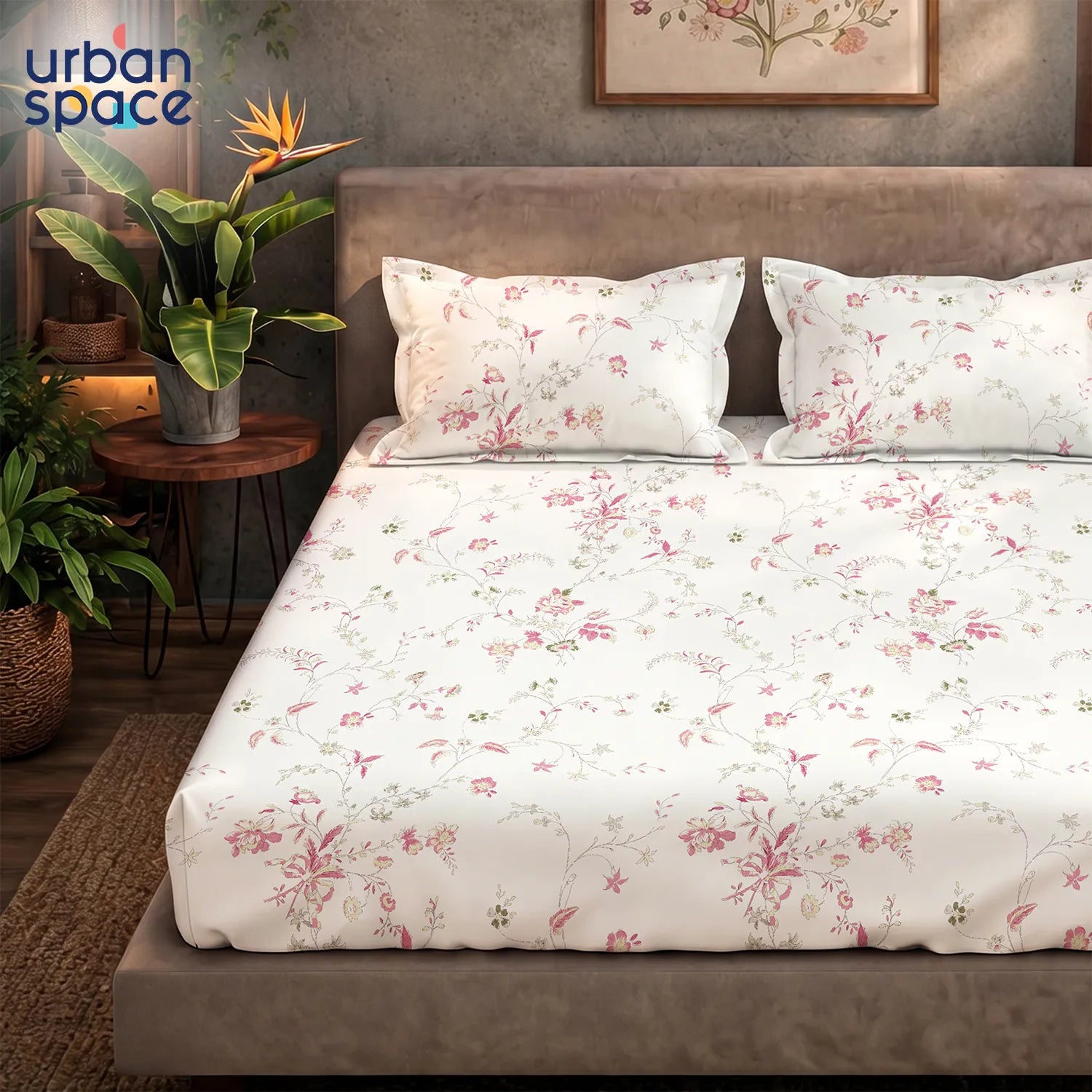 Serene 200 TC 100% Cotton Bedsheet with Pillow Covers - Bloom Pearls Pink
