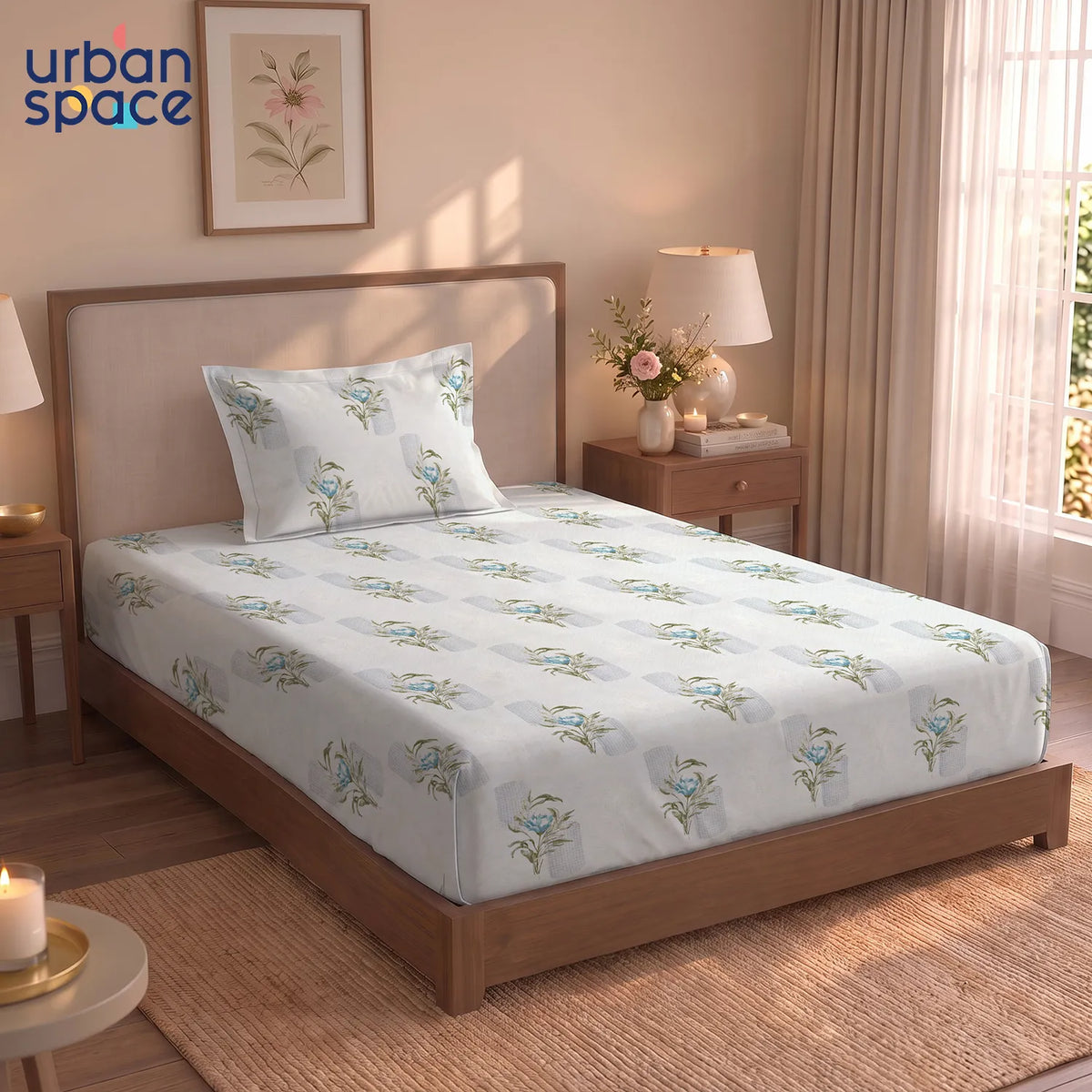 Serene 300 TC 100% Cotton Single Bedsheet with Pillow Covers - Winter Breeze Blue