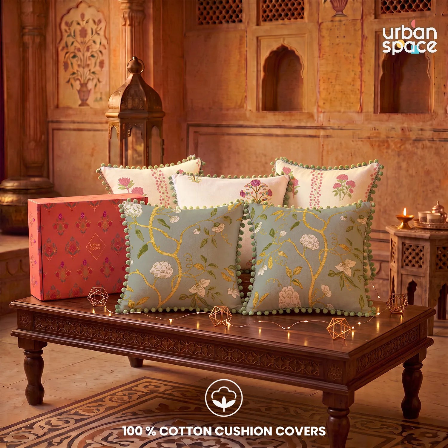Set of 5 Foil Printed Cotton Cushion Covers in Giftbox - Zari Taupe