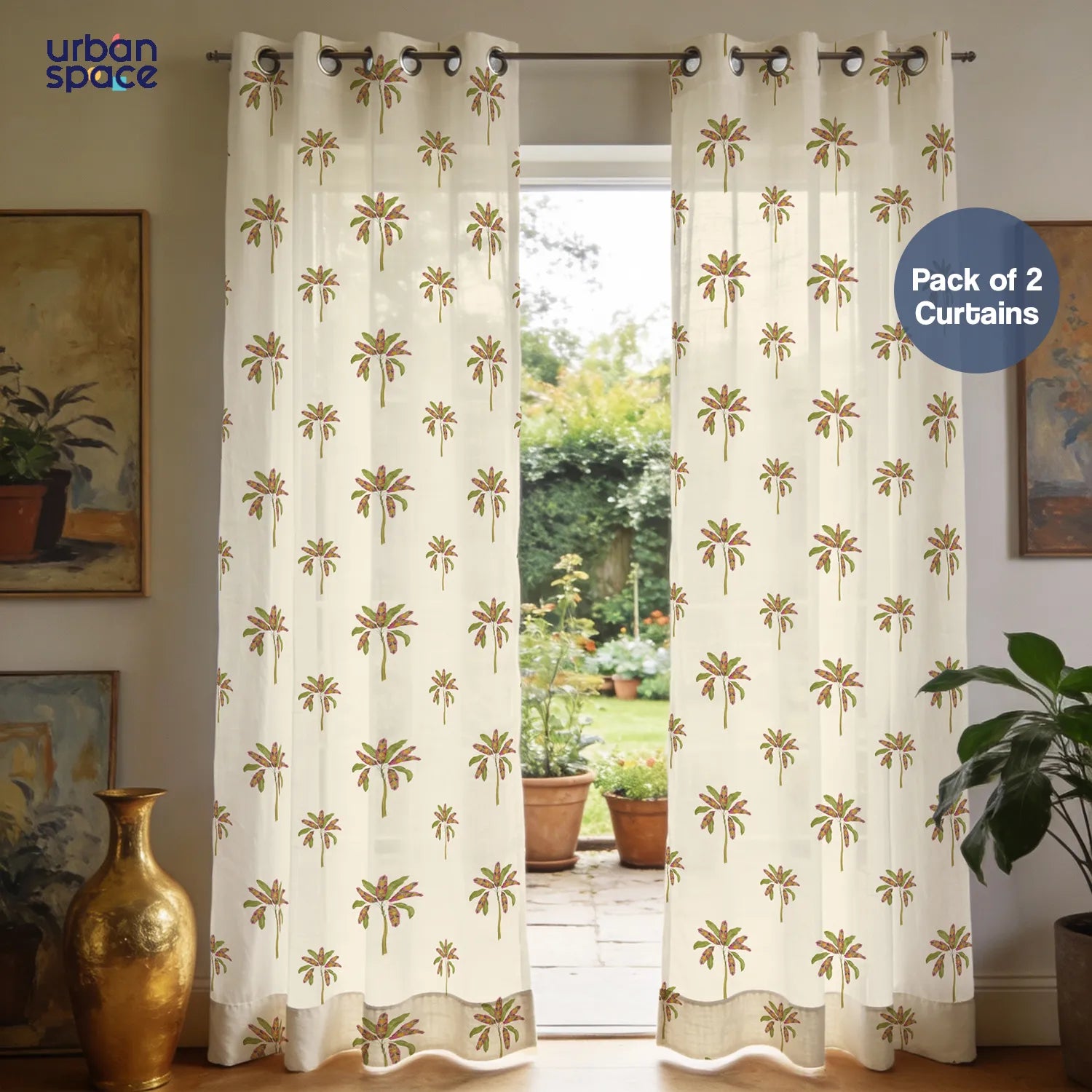 Sheer Curtains, Linen Textured & Digital Printed, Pack of 2 - Palm Coast
