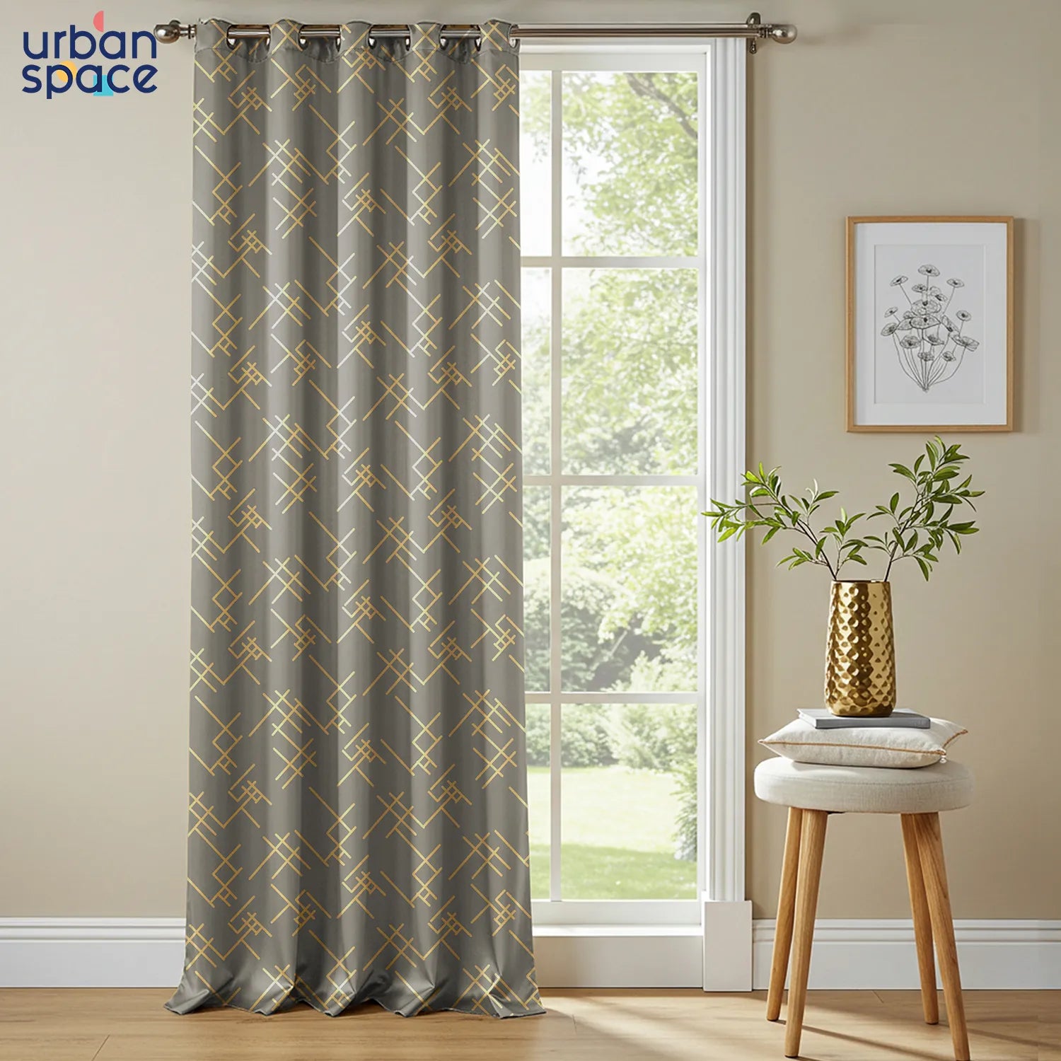Metallic Foil Printed 100% Blackout Curtains - Pack of 1 Curtain - Criss Cross Soft Grey
