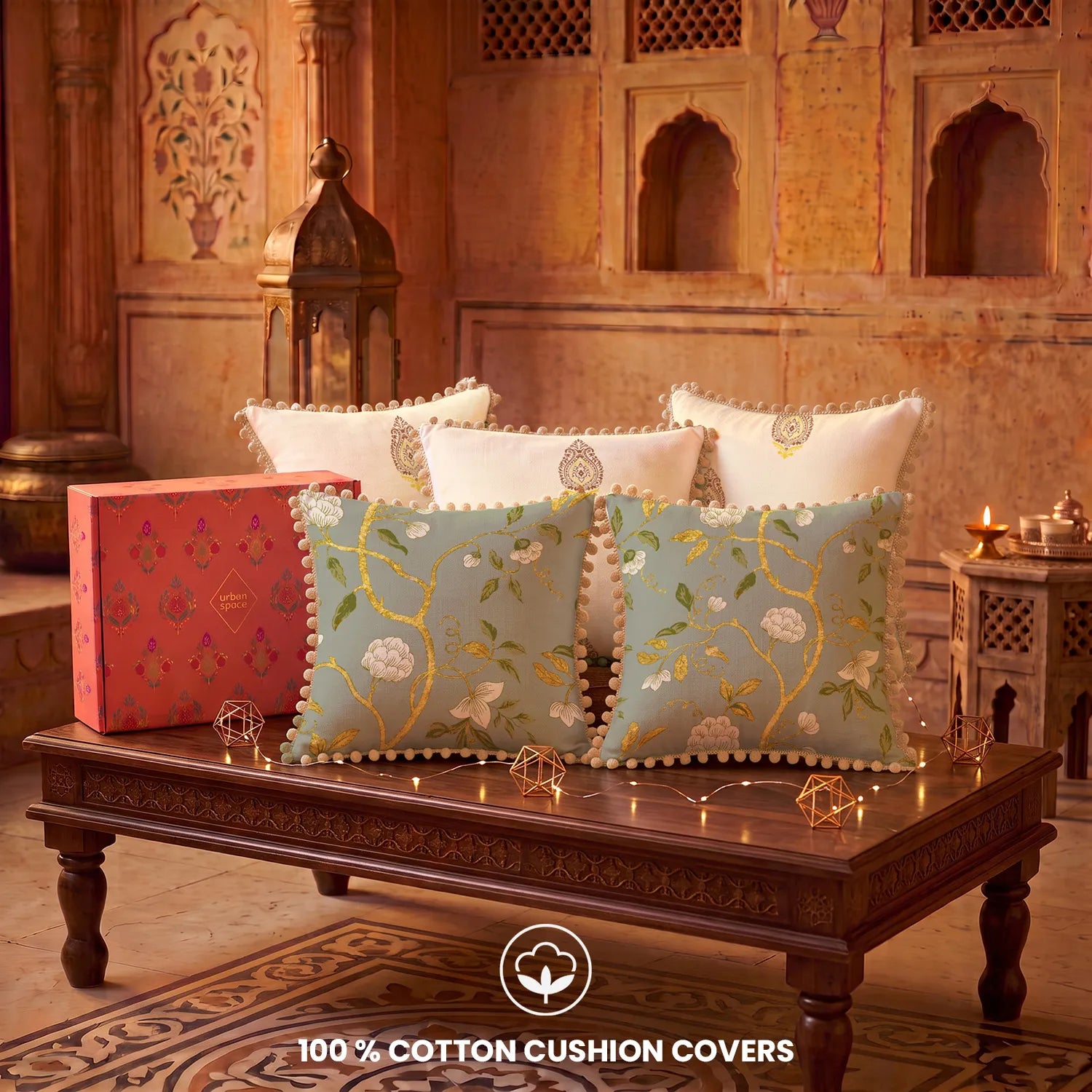 Set of 5 Foil Printed Cotton Cushion Covers in Giftbox - Zari & Grove