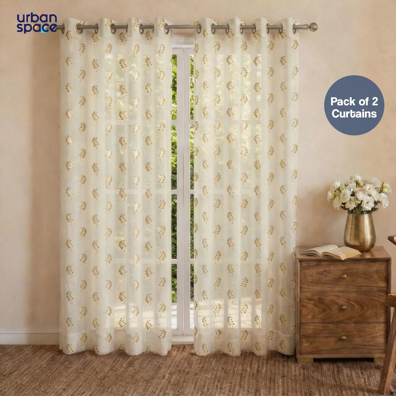 Linen Textured Metallic Gold Foil Sheer Curtains, Pack of 2 Curtains - Tara Buttercream